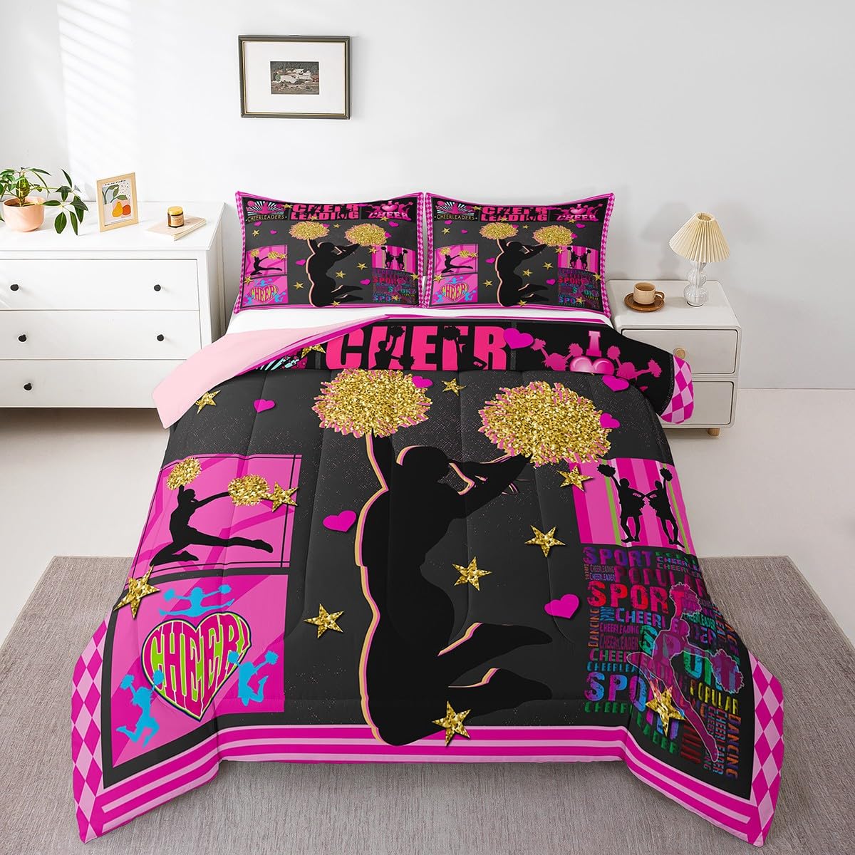 Erosebridal Cheerleader Comforter Set Twin Dancer Bedding Set for Kids Girls Women Adults Pink Glitter Cheer Themed Quilt Set Geometric Checkered