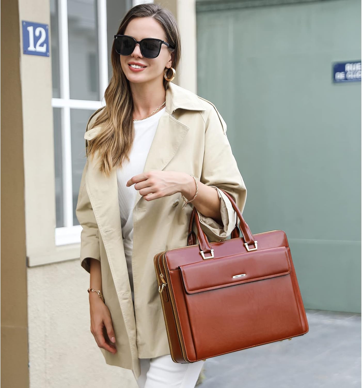 CLUCI Briefcase for Women Oil Wax Leather Business 15.6 Inch Laptop Handbag Vintage Slim Large Shoulder Work Bag | Oil Wax Leather, Business, 15.6 Inch, Laptop, Vintage, Slim - Image 2