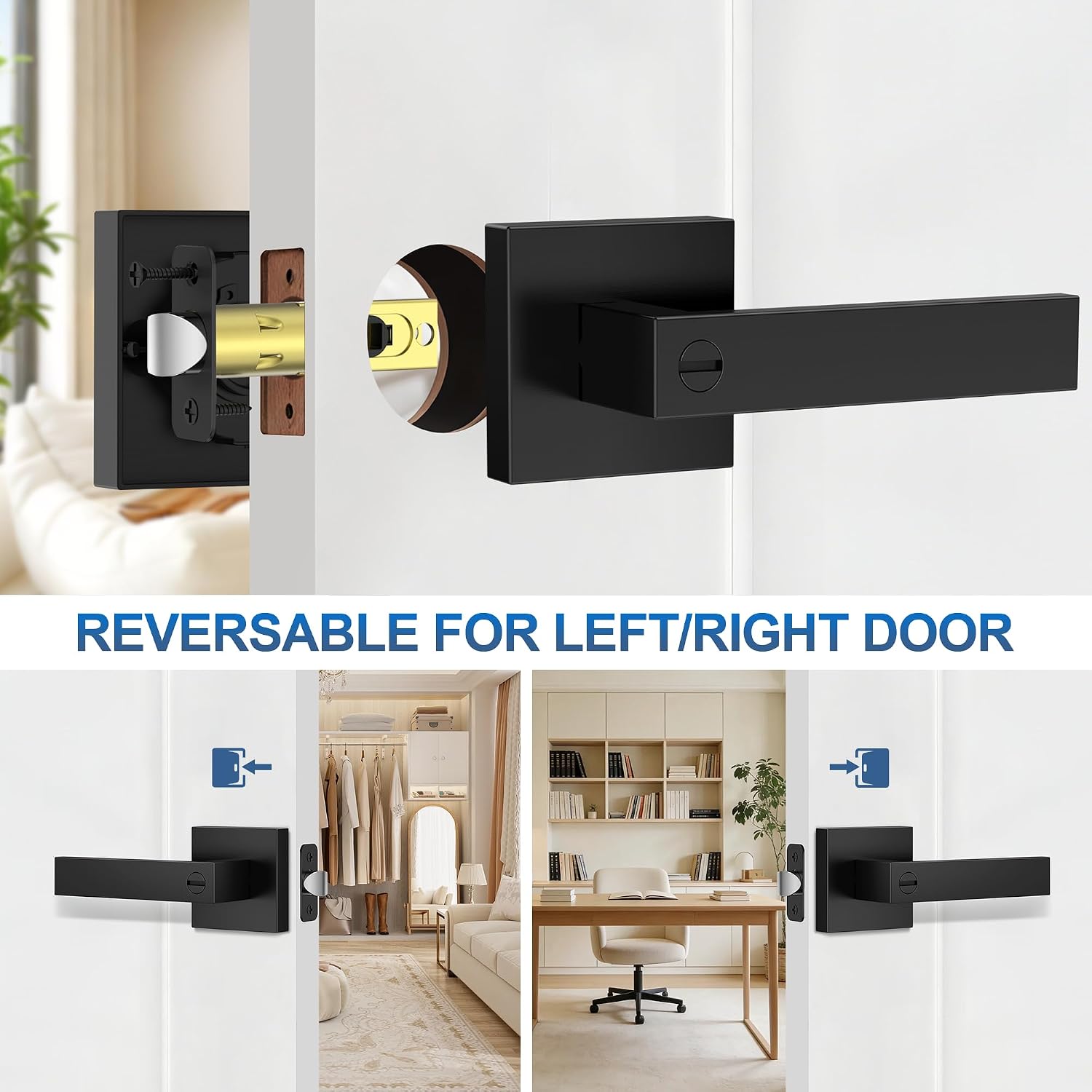 Plustool 2 Pack Matte Black Door Handles Interior, Keyless Interior Door Knobs, Privacy Door Locks for Bedroom Bathroom, Heavy Duty Square Door Lever Locksets, Reversible for Left&Right Handled Doors