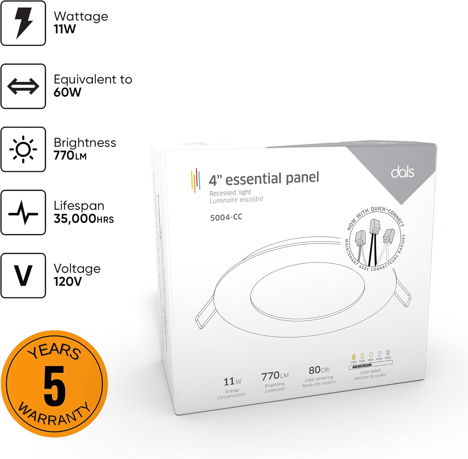 DALS 4 Inch Round Recessed Panel Light with Junction Box/Driver | CCT Color Selectable 2700K, 3000K, 3500K, 4000K, 5000K | 11W, 770 Lumens | Dimmable Pot Light | Wet Rated | ETL Certified | Silver