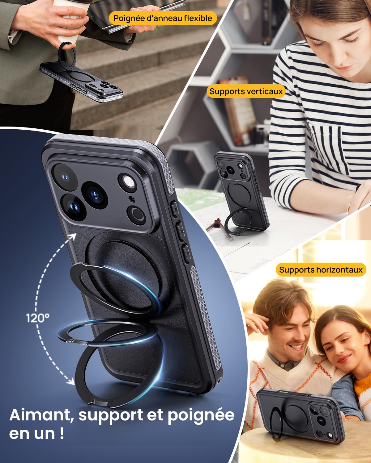 Lanhiem Coque pour iPhone 17 Pro Étanche avec Anneau Support [IP68 Imperméable] 360 Indestructible Antichoc Integral Antipoussière Anti-Neige Waterproof Etui avec Renforcée Protection écran,Noir