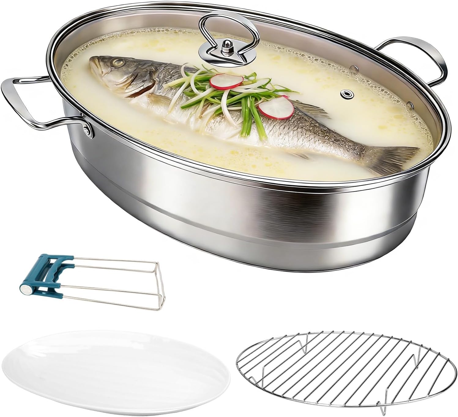 Stainless Steel Oval Fish Steamer - Multi-Use Cooking Pot with Rack, Ceramic Pan & Chuck, Versatile Braiser, Stockpot for Steaming Fish, Boiling Soup & Cooking Pasta