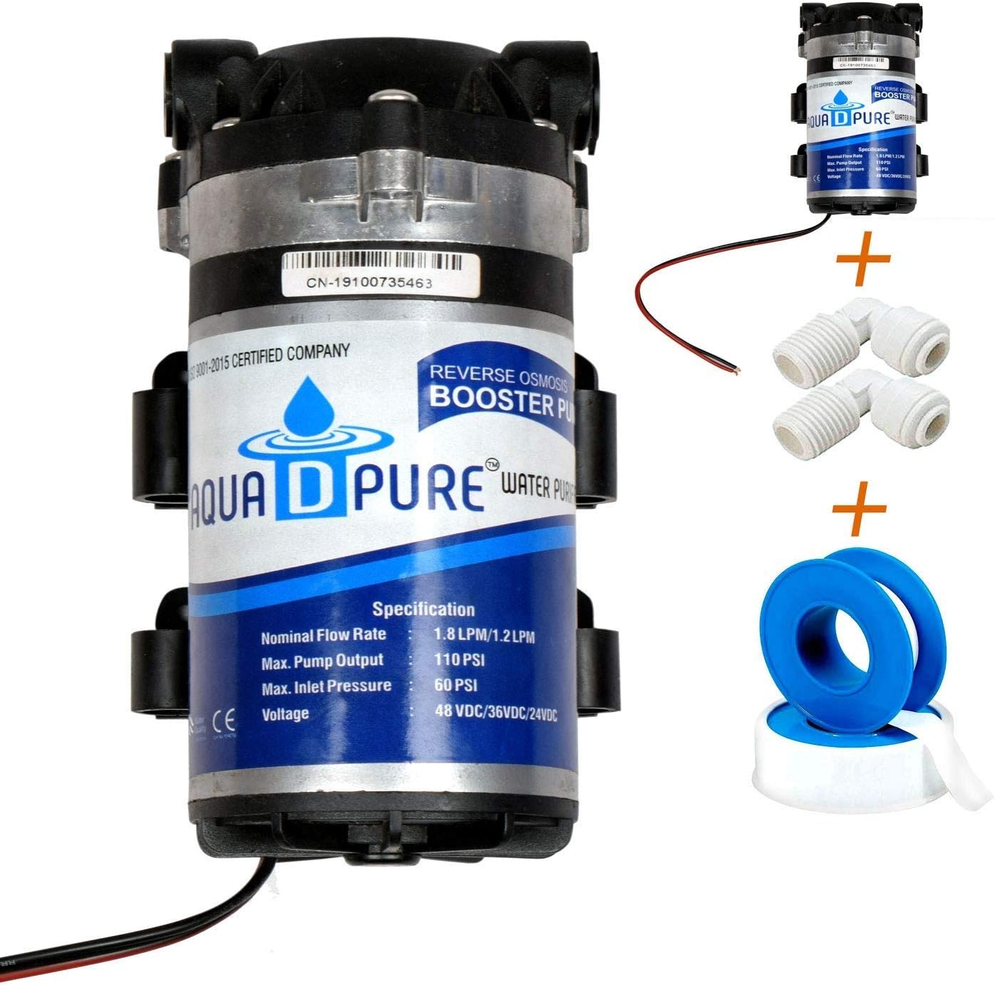 Aqua D Pure RO 100 GPD 24V Booster Pump with Pump Connector (2 Pieces , Silver/Black)