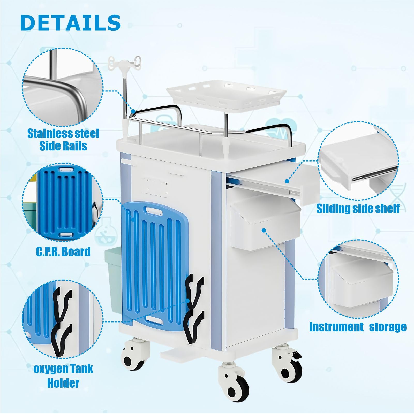Carrello di emergenza con accessori IV Pole, scheda cardiaca, supporto O2, carrello mobile, bidone della spazzatura, cassetto per clinica, centro infermieristico, 76,2 cm L x 48,3 cm L x 96,5 cm H