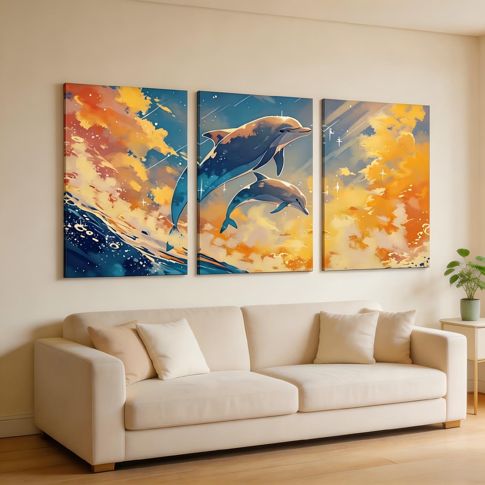 RGsixiot Canvas Wall Art 3 Panels Jumping Dolphins Ocean Sunset Scene