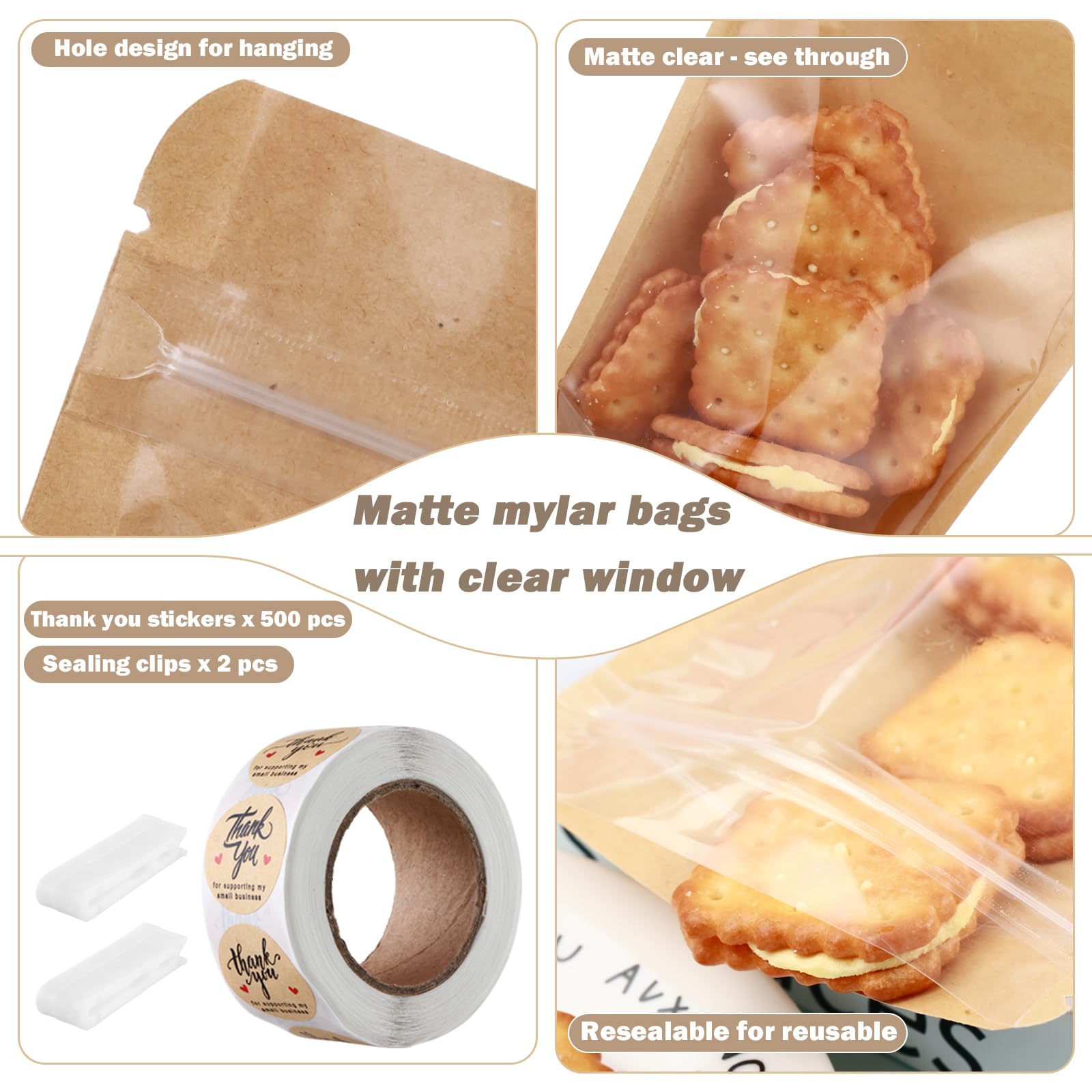 Confezione da 150 sacchetti in carta kraft Mylar da 17,8 x 25,4 cm, con finestra trasparente, grandi sacchetti richiudibili per alimenti a prova di odore, confezione da 150 sacchetti con cerniera per