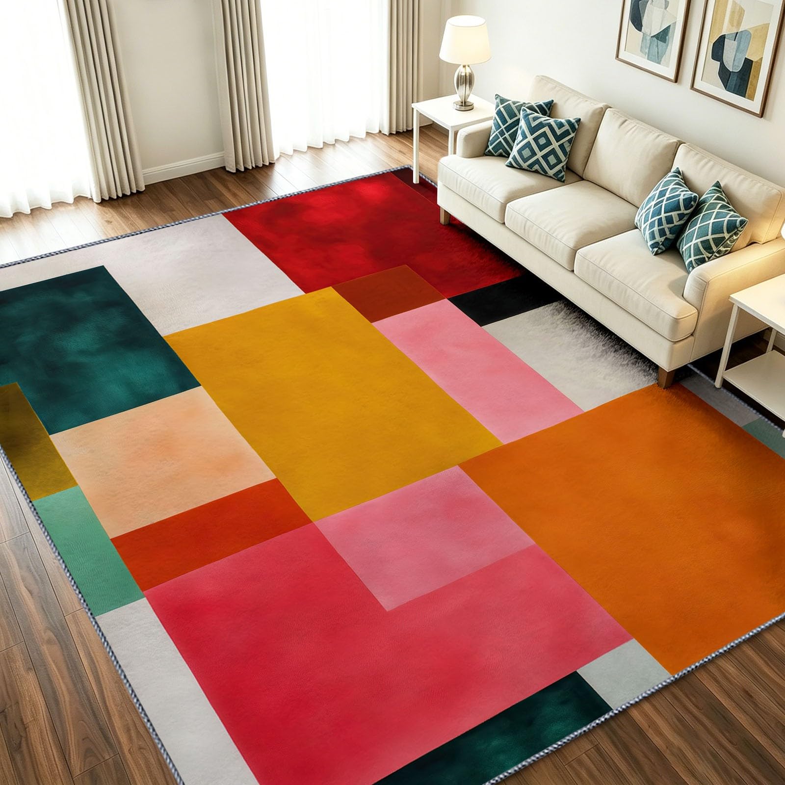 Tapis de Salon Lavable en Machine 160 x 230 cm Abstrait Géométrique Moquette Antidérapant à Poils Courts, Pop Grille Damier - Tapis de Sol à Poils Ras pour Chambre et Cuisine, Multicolore