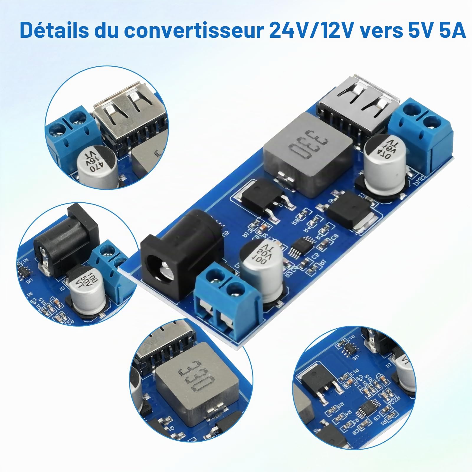 Buck Converter Module RUIZHI 6 pièces DC-DC Convertisseur d'alimentation Réducteur 24 V/12 V à 5 V/5 A Step Down Power Module avec port USB Prend en charge la charge rapide compatible Arduino