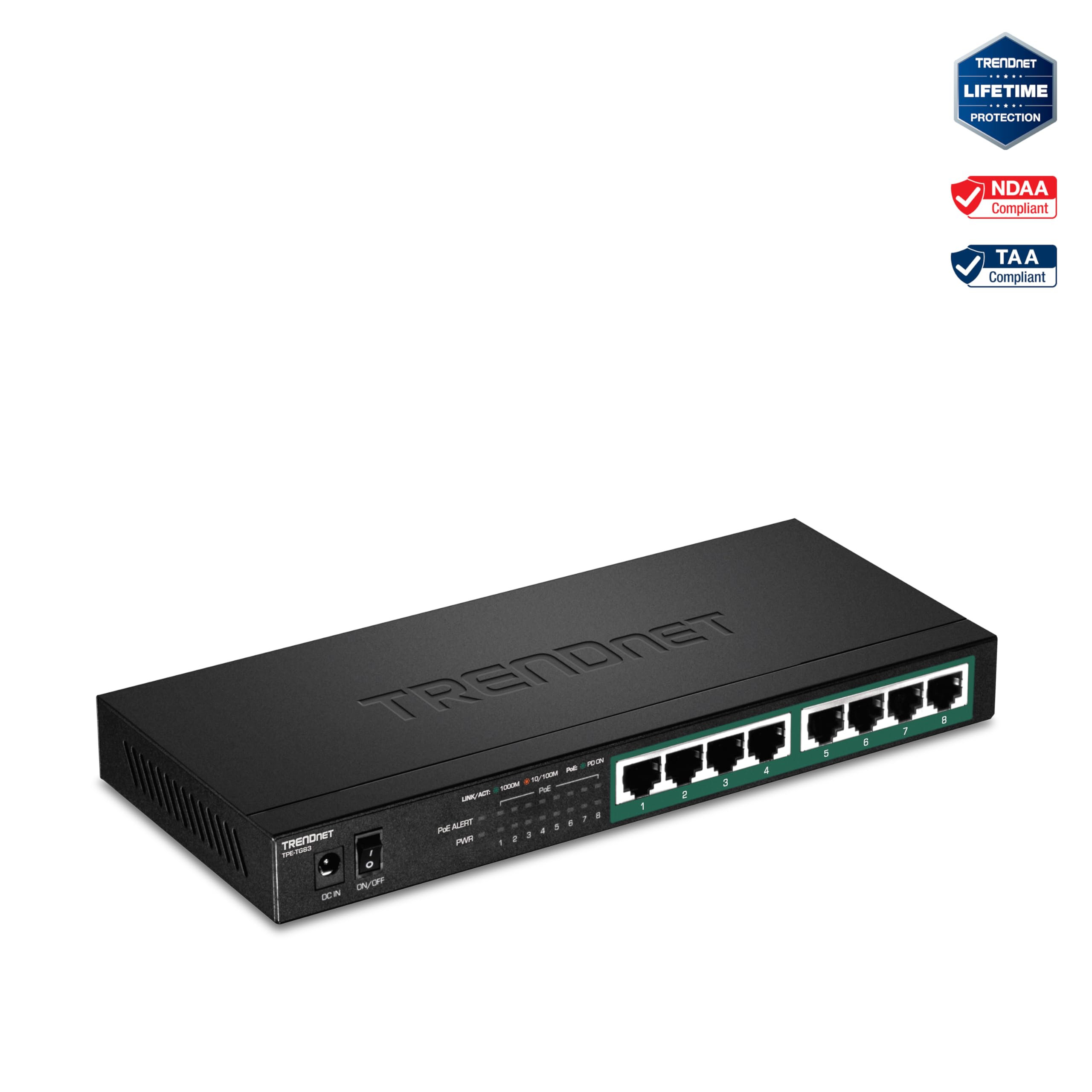 TRENDnet, TPE-TG83, Commutateur Gigabit PoE+ 8 Ports, Budget d'alimentation PoE 65 W, capacité de Commutation 16 Gbit/s, QoS IEEE 802.1p, Prise en Charge du Pass-Through DSCP, sans Ventilateur