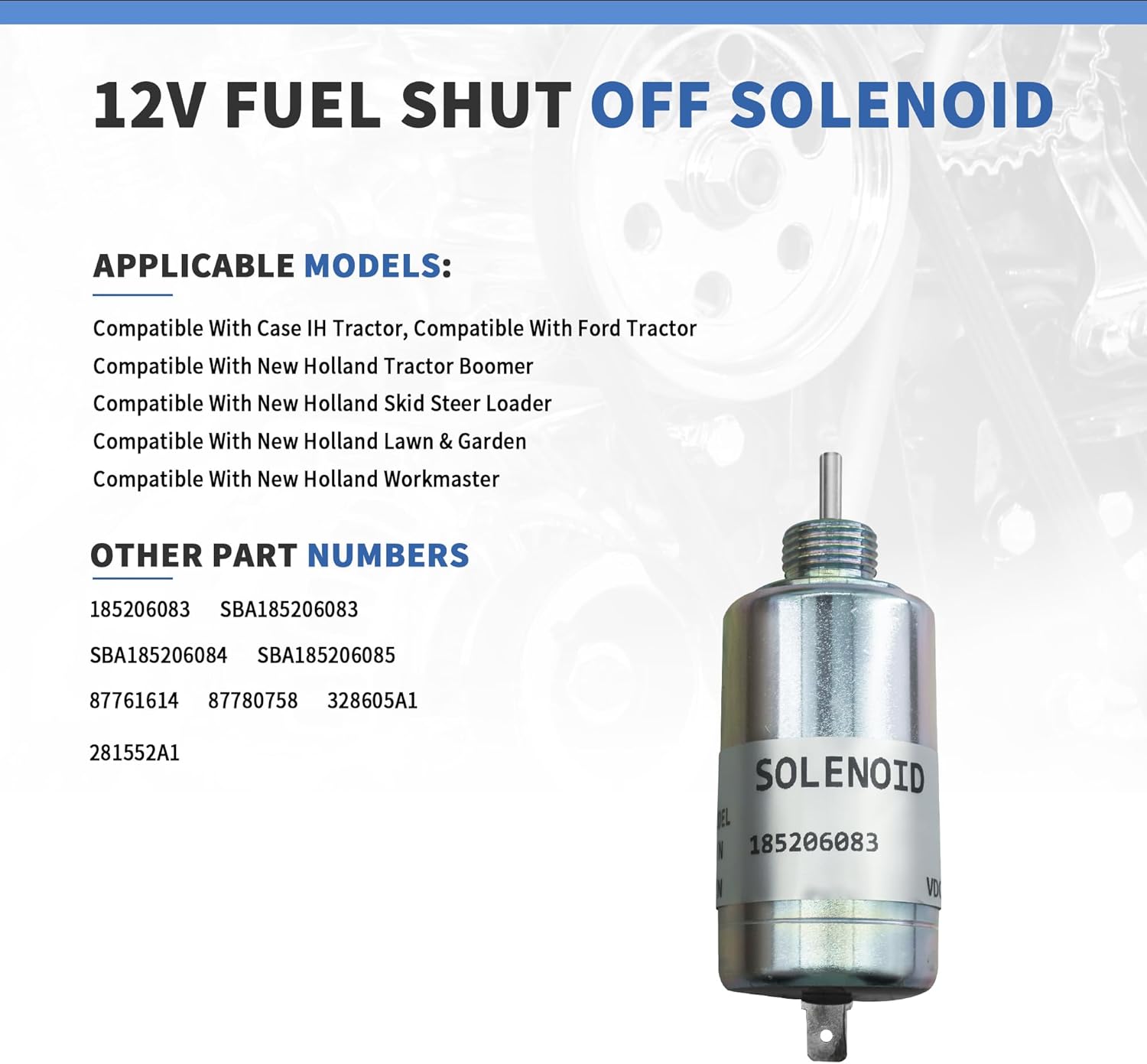 Fuel Shut Off Solenoid 12V Stop Solenoid 185206083 SBA185206085 Compatible with New Holland Skid Steer Loader Tractor, Compatible with Case IH Tractor Loader, Compatible with Perkins 100 Shibaura