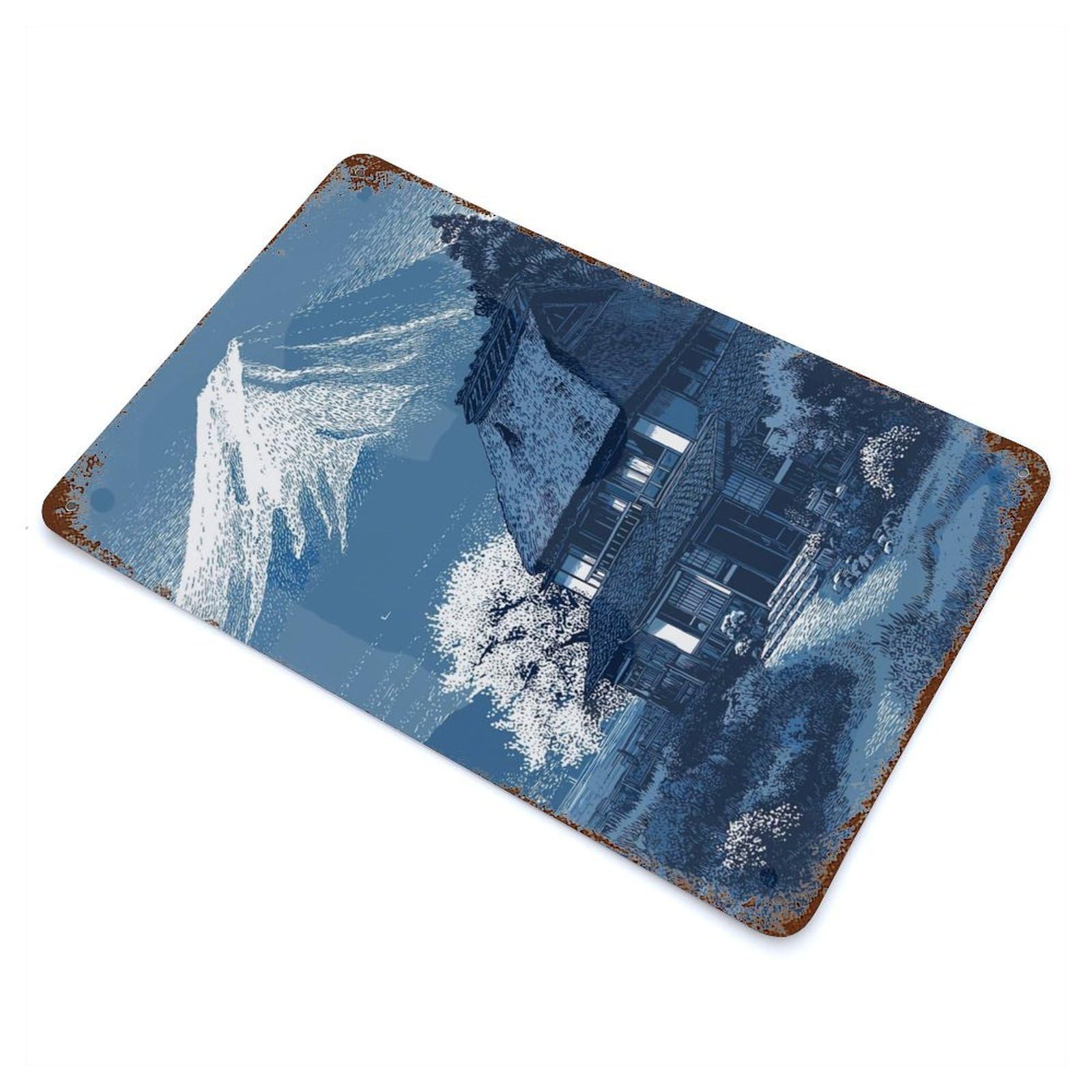 Japanese House with Mount Fuji Vintage Metal Tin Sign 11.8"x7.9", Farmhouse Wall Decor for Living Room, Hallway And Home Decor