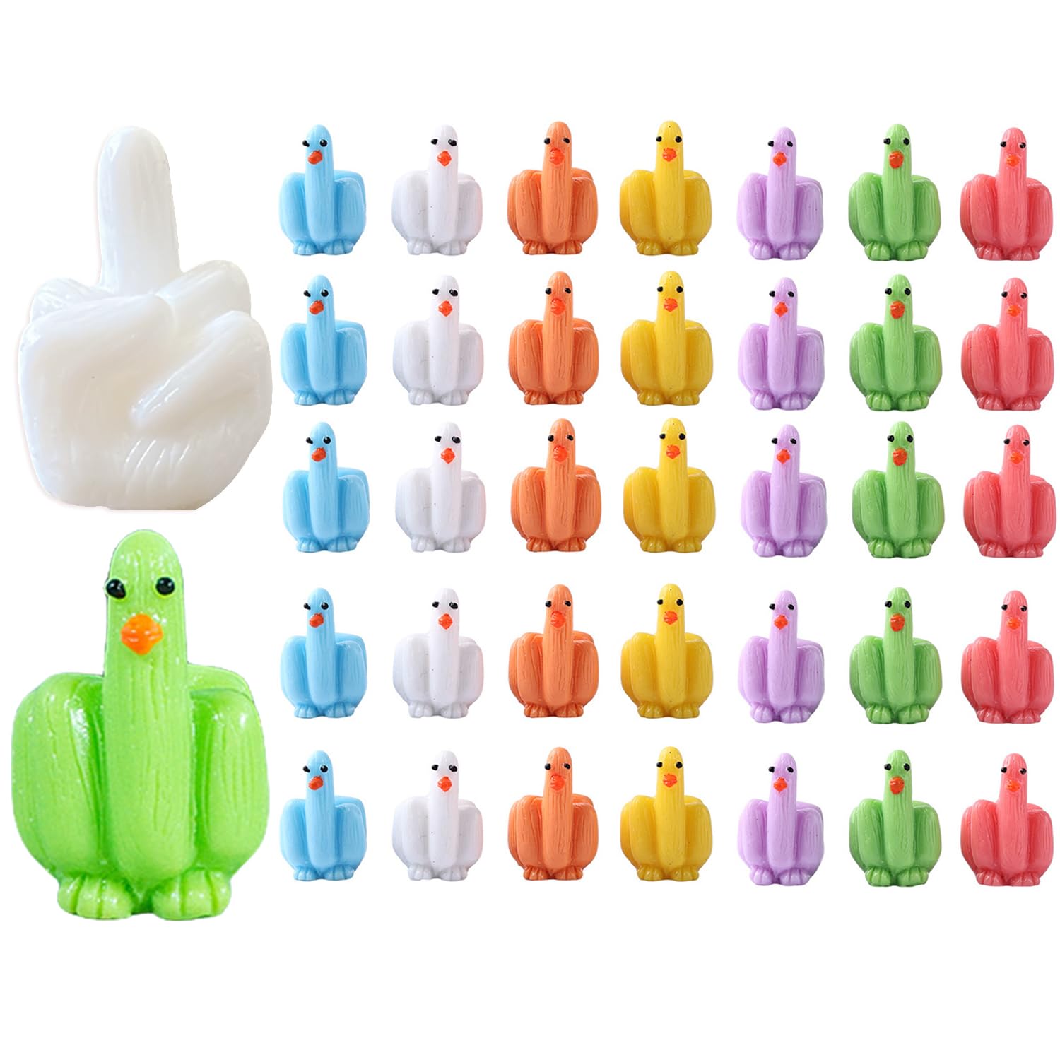 AKV Funny Mini Ducks Colorful Tiny Resin Ducks Figurine Fun Fingers Design Miniature Ducks for Hiding and Seek Prank, Little Ducks to Hide for Dollhouse Office Car Accessories Decor, H 1.06in (35PCS)