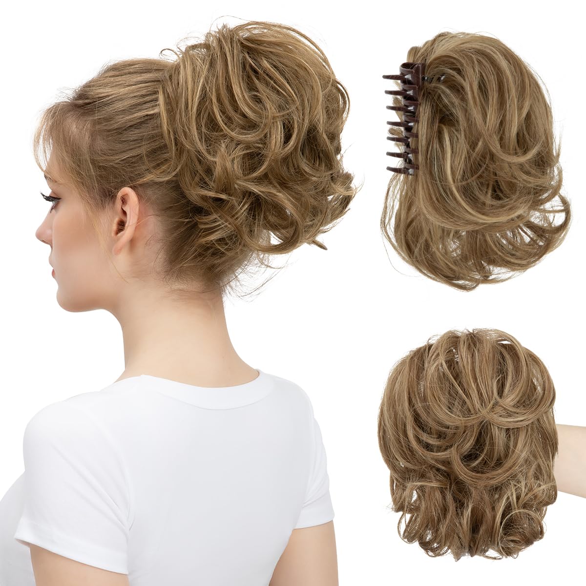 Photo 1 of youngways Claw Clip Short Ponytail Messy Bun Hair Piece Bendable Hair Branch Extensions Fluffy Wavy Curly Synthetic Versatile Pecan Hairpieces