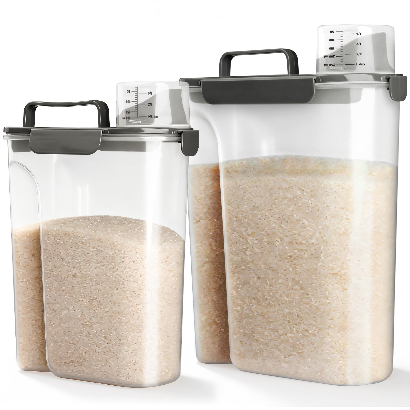 Viretec Rice Storage Container, 15 to 20lb Dry Food Airtight Dispenser, Pet Dog Cat Food Canister, BPA Free Clear Plastic Kitchen and Pantry Bin for Oatmeal, Cereal, Pasta, Flour Pack of 2 Grey