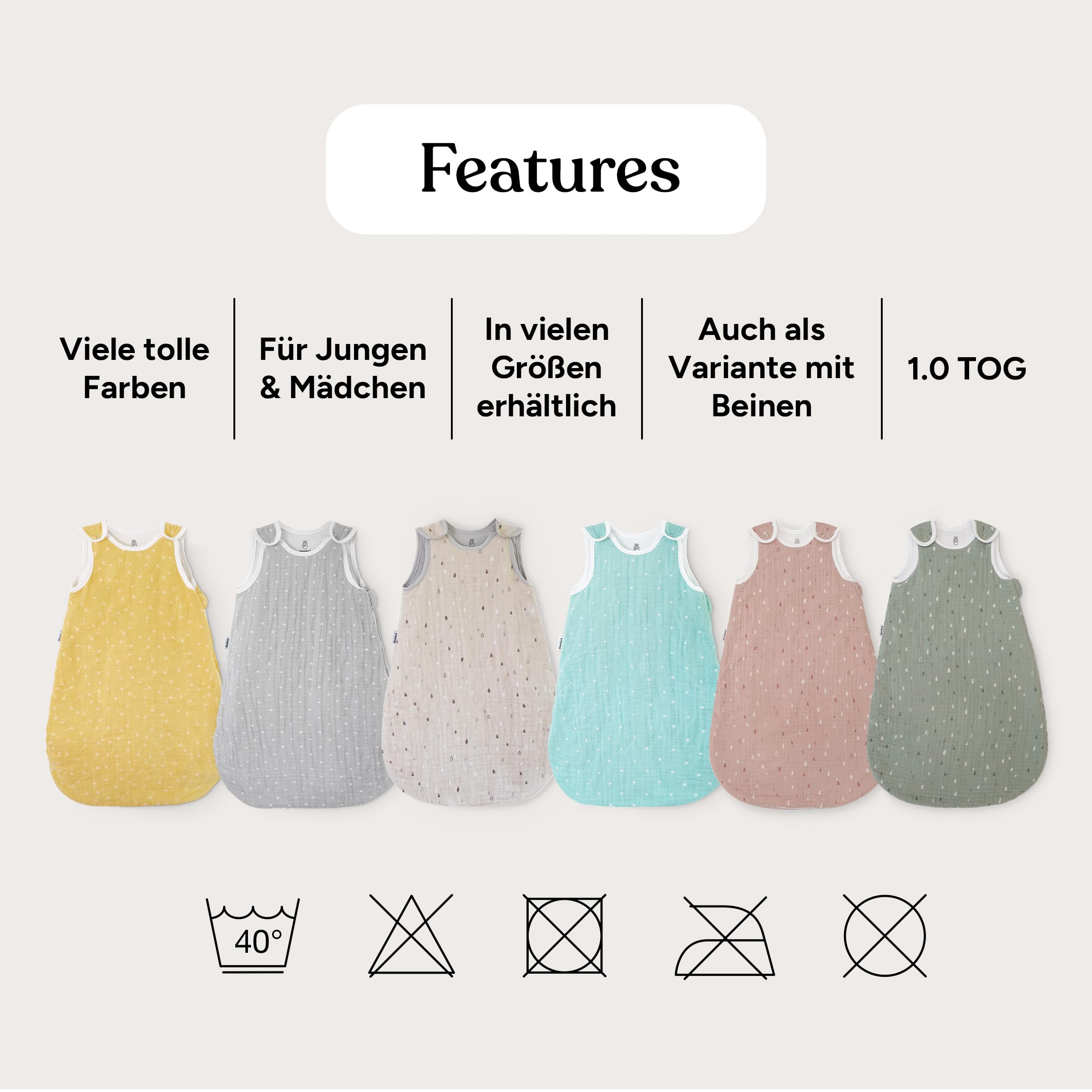 Ehrenkind® Baby Sommerschlafsack Rund Musselin | aus weicher OEKO-TEX zertifizierter Bio-Baumwolle | Sommer Baby Schlafsack Baby 1 TOG Gr. 50/56 Natur-Graue Tropfen
