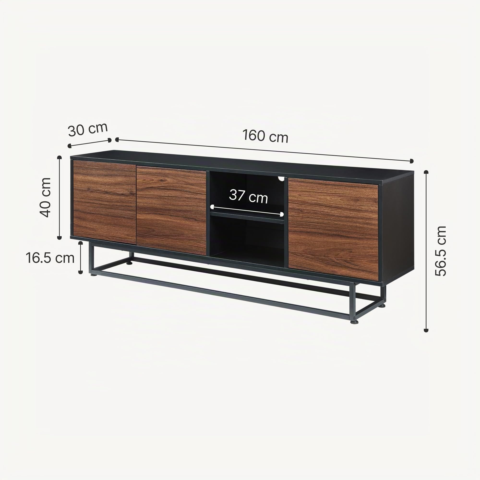[en.casa] Aparador Boxholm para Salón Aparador Multiusos con 3 Compartimentos con Puertas y 2 Compartimentos Abiertos Mueble Auxiliar para Oficina Mueble de TV 160 x 30 x 57 cm - Negro/Efecto Nogal