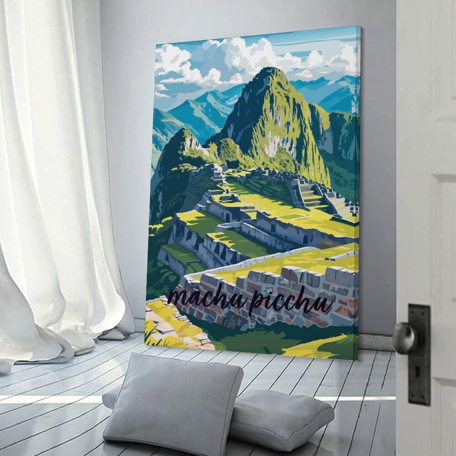 Junmoney Machu Picchu Landscape Illustration Canvas Wall Picture 24x36inch(60x90cm), for Living Spaces, Bedrooms Or Relaxed Rooms, Modern Wall Decor for Cosy Interiors