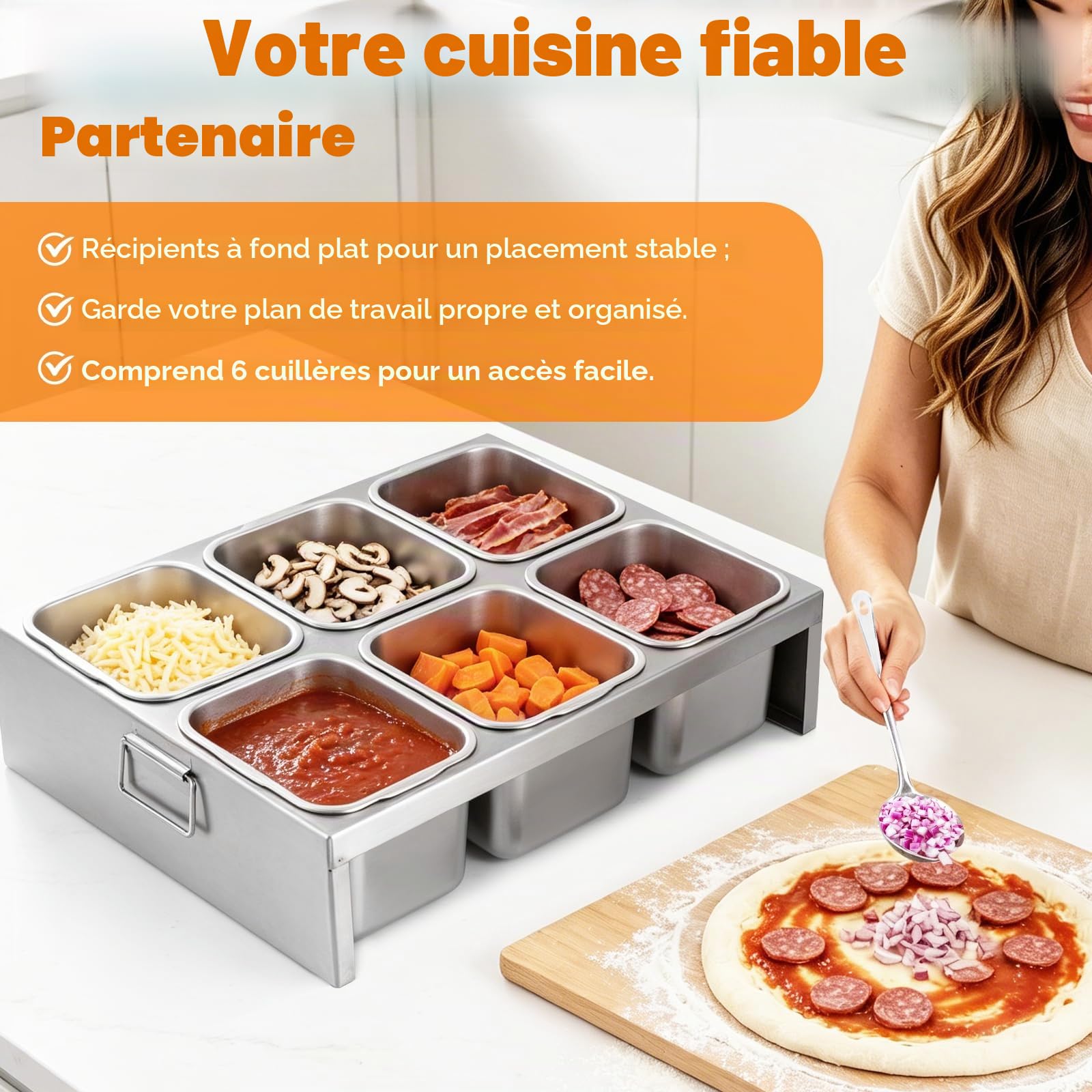 YJINGRUI Récipients à ingrédients en acier inoxydable 6x2L, récipients à ingrédients pour pizza avec couvercles et cuillère pour sauces, confitures, fruits, légumes, station de garniture à pizza 6