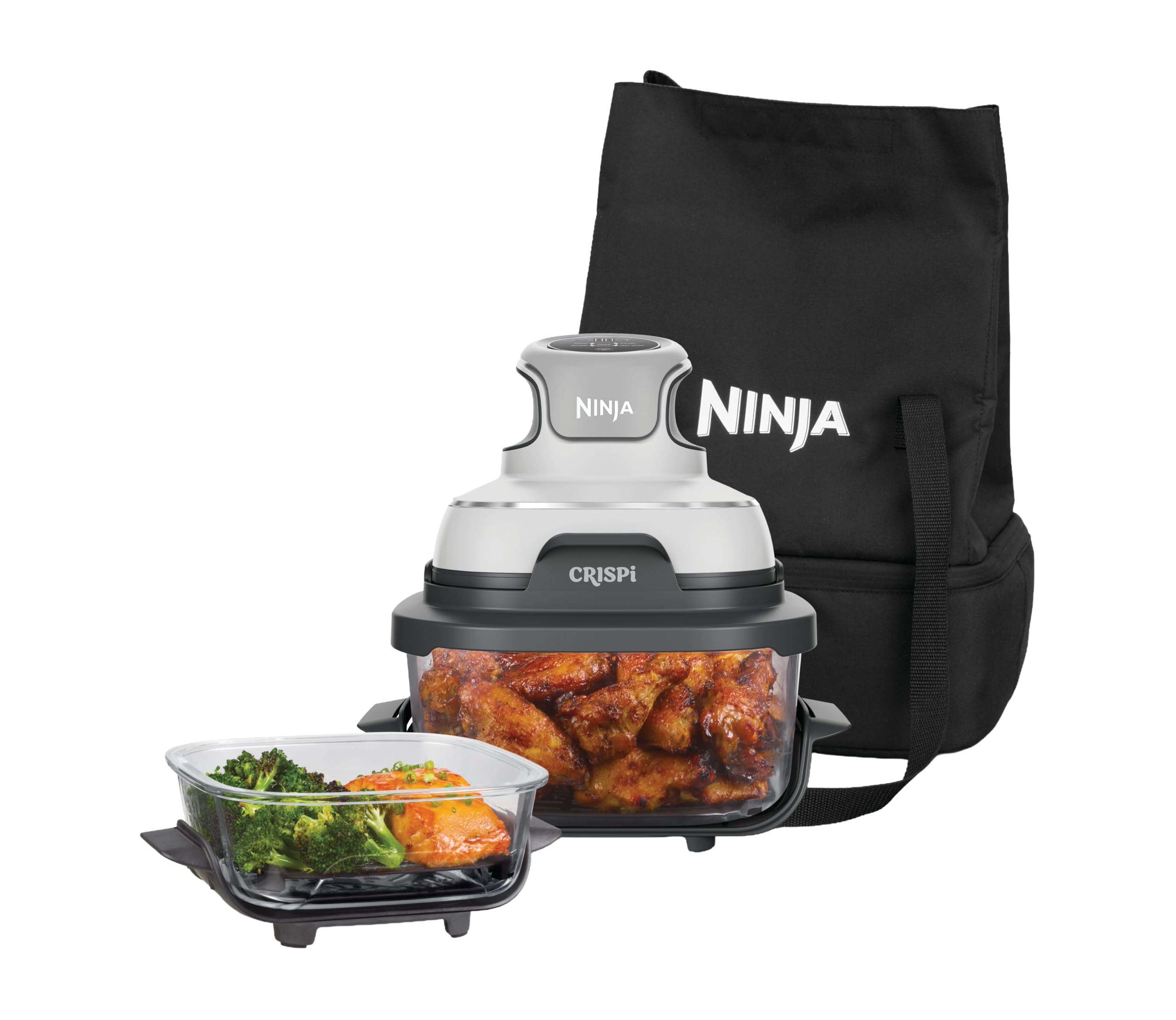 Ninja CRISPi Tragbare Heißluftfritteuse mit Tragetasche, 3,8 l & 1,4 l, 4-in-1: Heißluftfrittieren, Braten, Aufknuspern, kompaktes Design, 2 abnehmbare Glasbehälter & Deckel, 1700 W, Weiß FN102EU