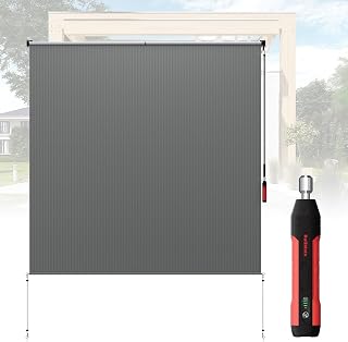 Roller Shades for Patio 8' W x 6' H, Exterior Cordless Shades Roll Up Outdoor Blinds with 90% UV Protection for Carport, Dark Grey- Electric/Manual Awning Crank Kit