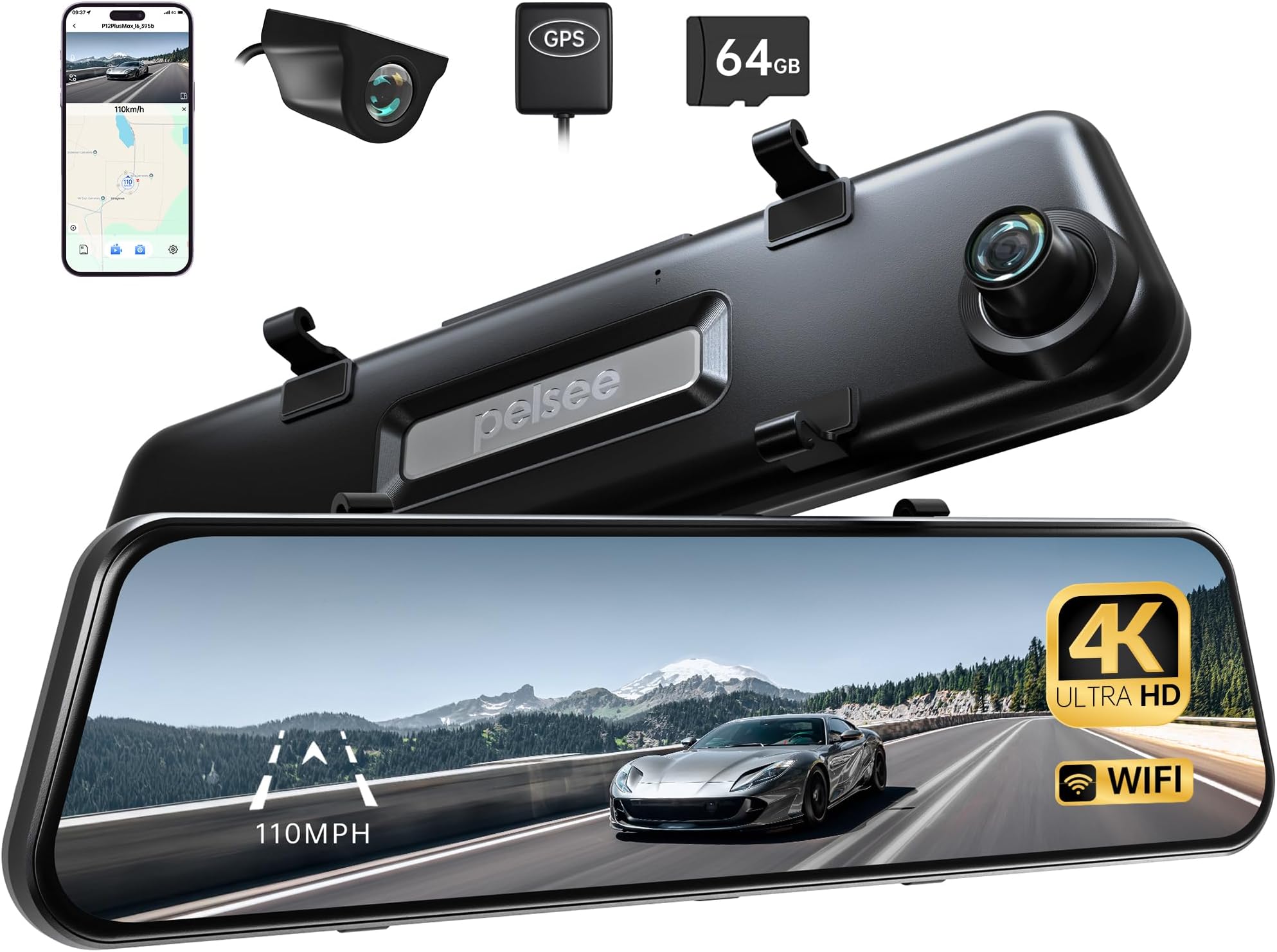 Pelsee P12 Pro Max 4K+2.5K Rear View Mirror Camera, 12" Mirror Dash Cam with 5G WiFi, Dash Cam Front and Rear with Starvis Night Vision, Smart Driving System ADAS, Included 64GB Card, Voice Control