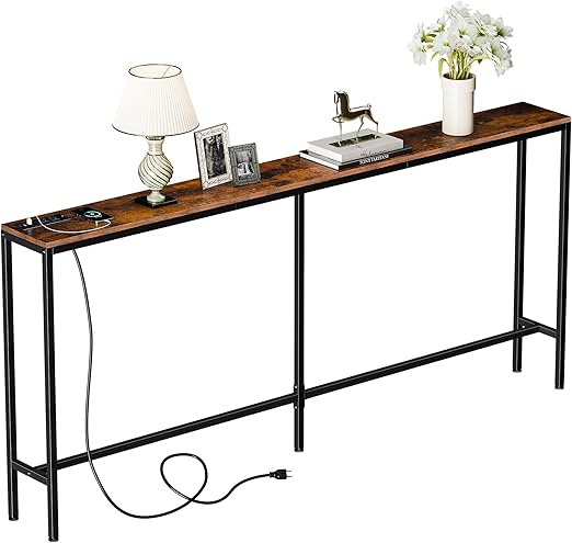 70.8" Console Table with Power Outlet, Wood Narrow Sofa Platform with Charging Station, Entryway Hallway Behind Couch Table with USB, for Living Room, Foyer, Rustic Brown