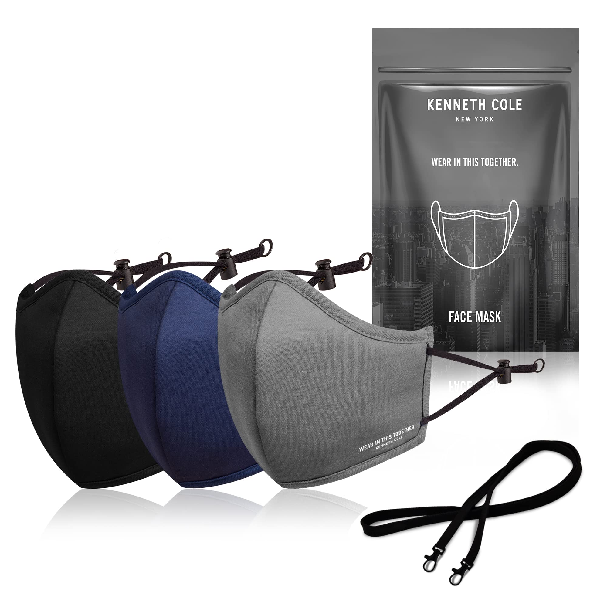 Kenneth Cole Neoprene Face Mask with Heiq Viroblock and Smart Temp - The Perfect Mask that Fits Your Active Lifestyle - Unisex Design, Wide Face Coverage, 3-pack