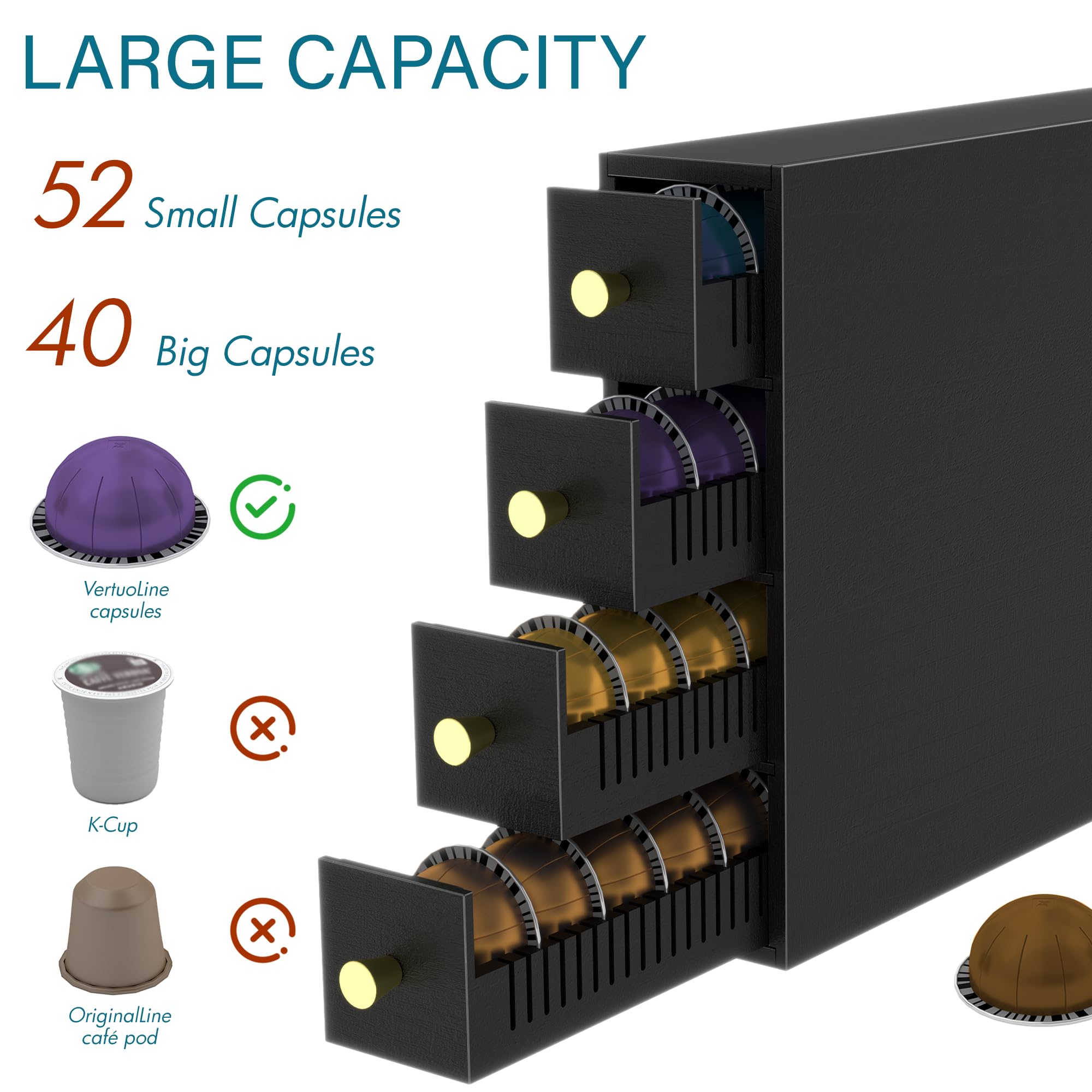 Suli rangement capsule,4 tiroirs,compatible Nespresso,Bois,noir | 52 Capsules Capacité,organisateur de dosettes de café pour comptoir, rangement d'angle pour bureau,dortoir,double orientation