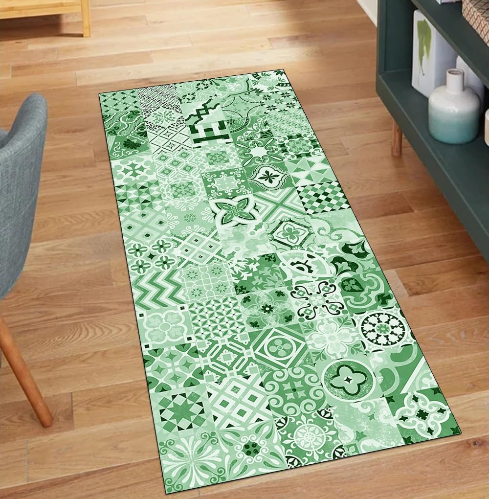 Alfombra para cocina estilo bohemio de 70 x 300 cm lavable y antideslizante color verde