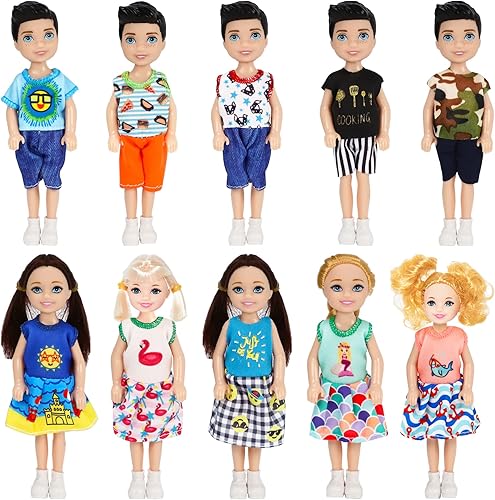ONEST 10 juegos de muñecas de 5 pulgadas, incluye 5 muñecas de niño, 5 muñecas de niña, 10 juegos de ropa de muñeca hecha a mano, 10 pares de