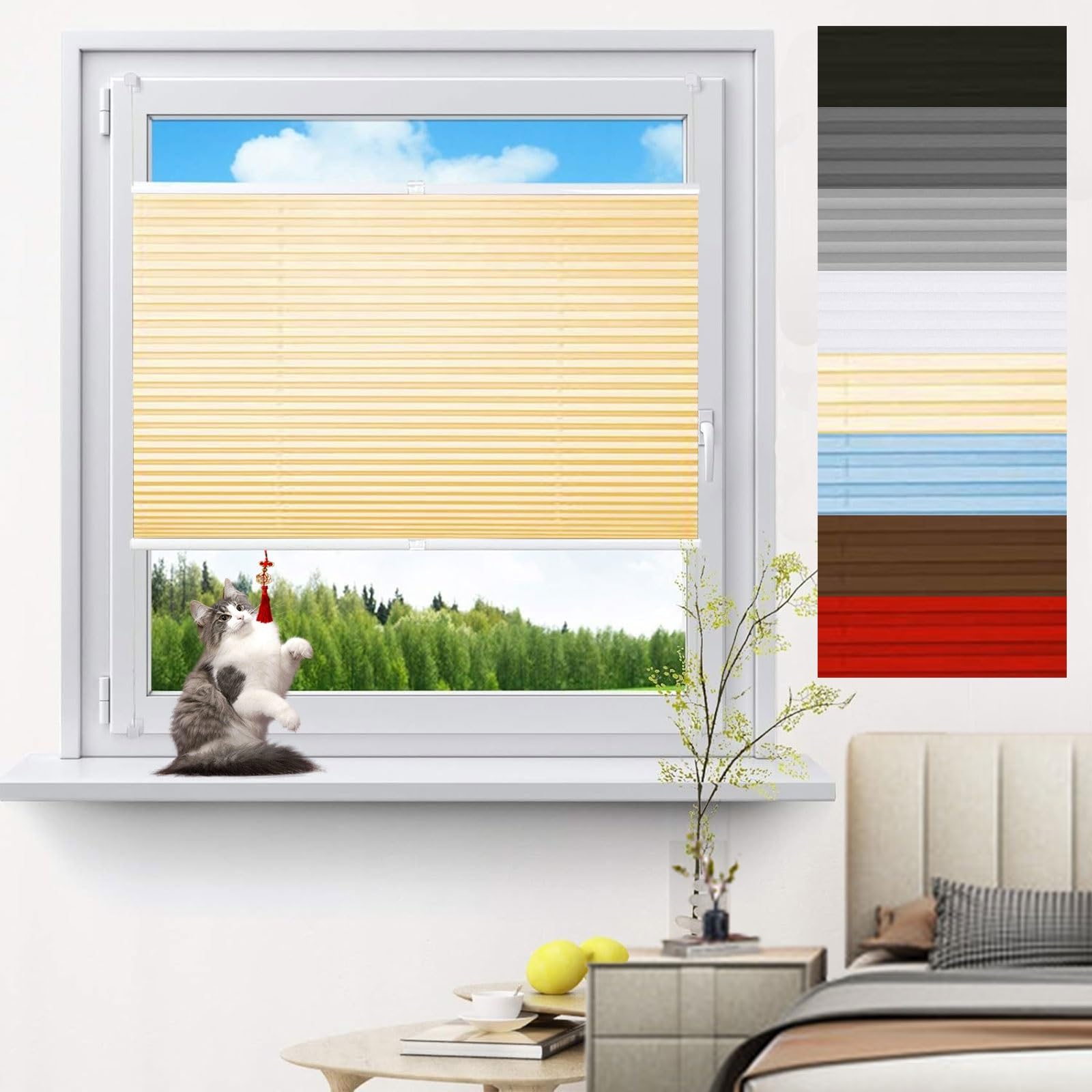 Pleated Blind 115 x 150 cm (Wxh), No Drill, Light Filtering Pleated Blind Without Drilling Including All Mounting Parts for Windows Patio, Cream Color