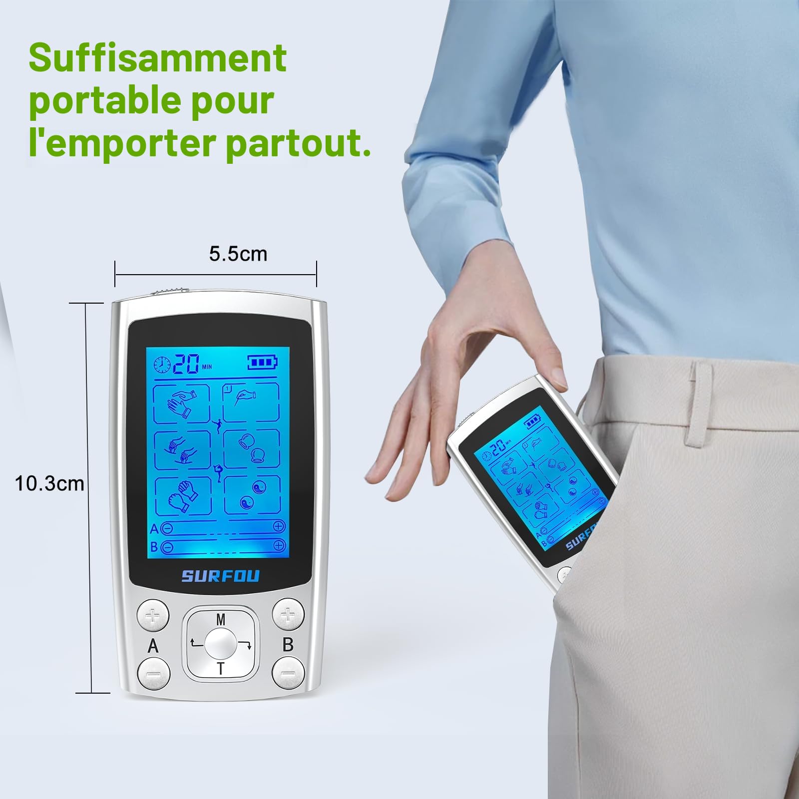 SURFOU 3 EN 1 Electrostimulateur Musculaire, Double Canal TENS/EMS Stimulateur Musculaire, 24 Programmes, Pour Soulager la Douleur, Massage, Thermothérapie