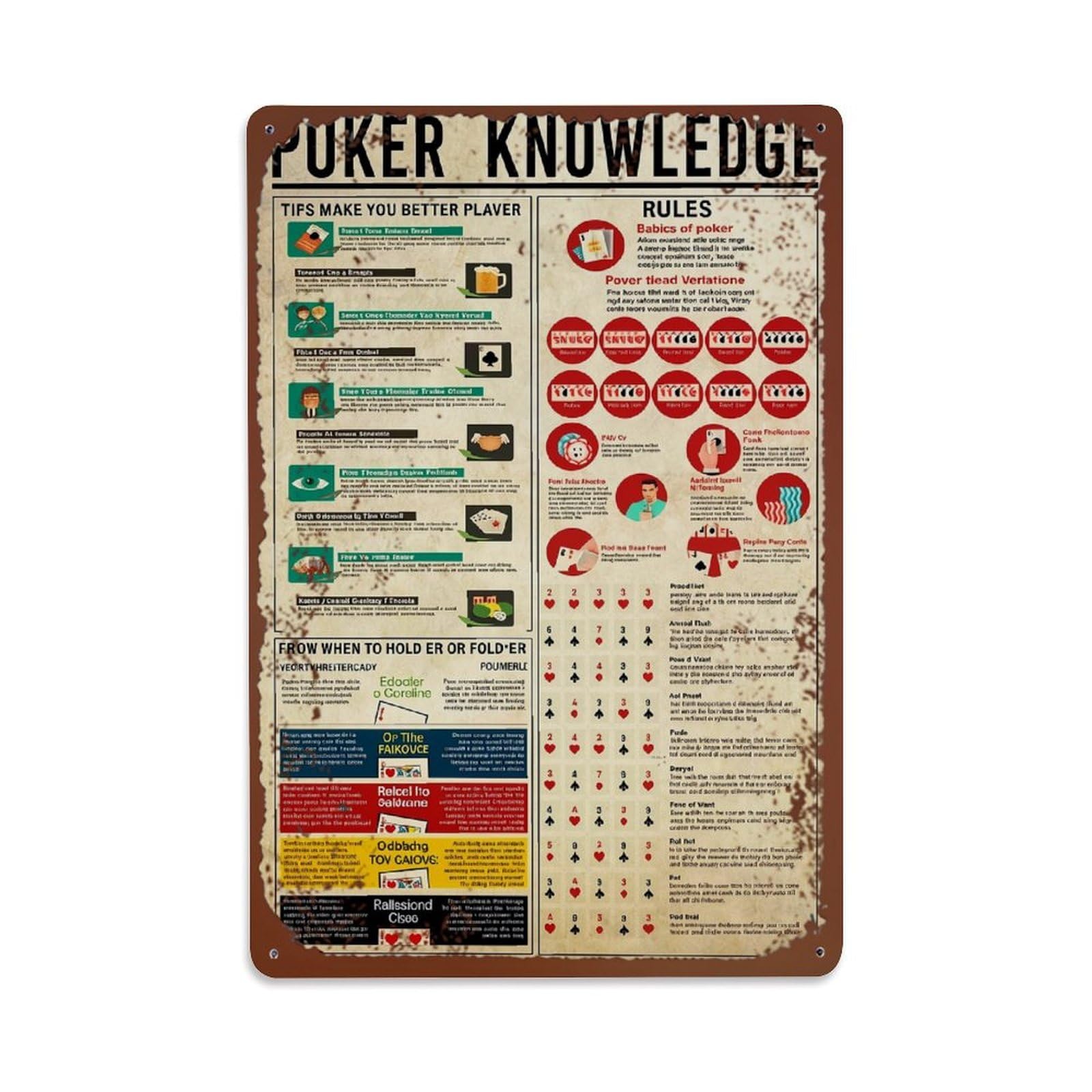 Jdfenggu Vintage Poker Knowledge Tips Rules Strategy Guide Retro Metal Tin Sign, Decor Art Poster For Bar, Home, Man Cave, Kitchen, Laundry Room Gift 8X12inch