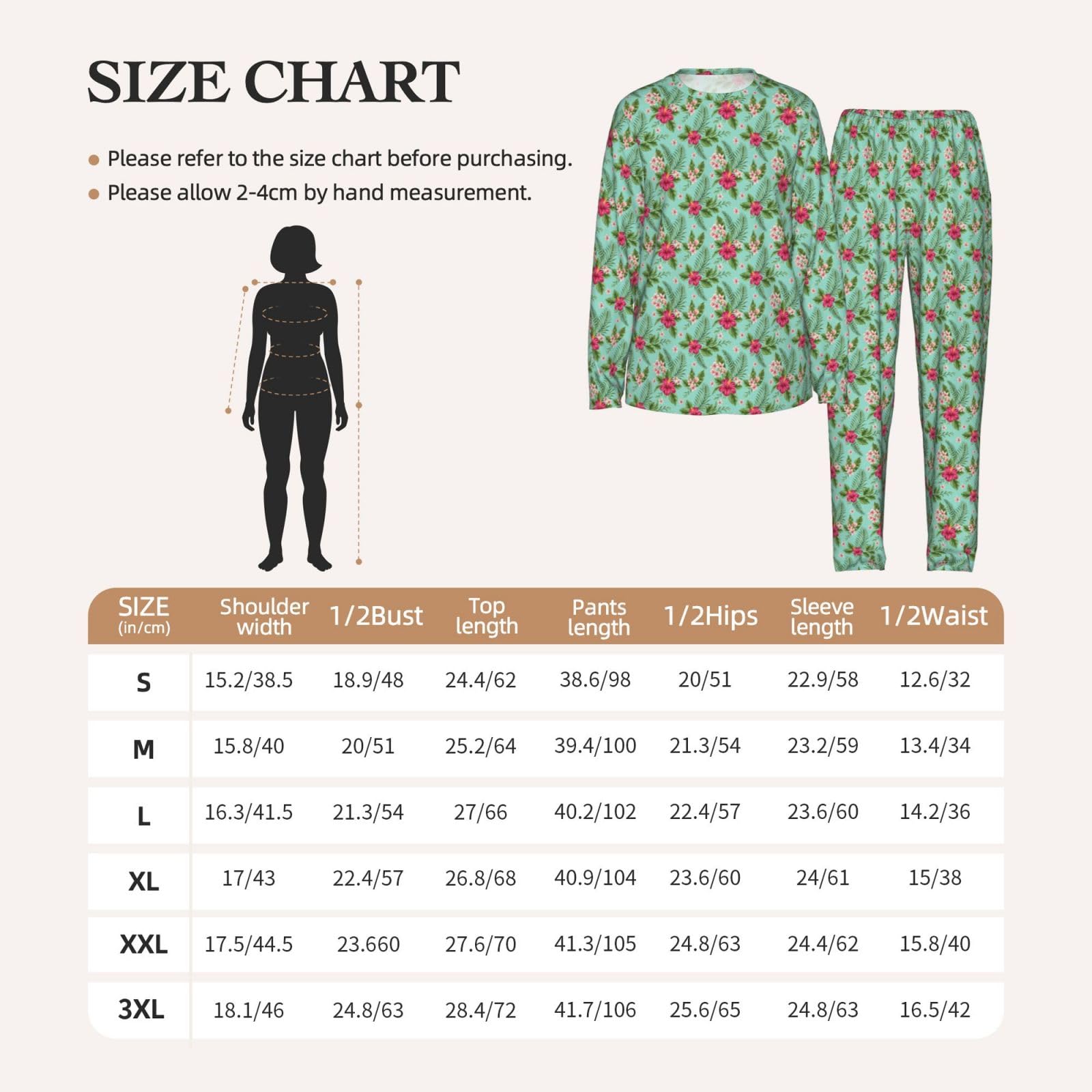 Pigiama da donna a maniche lunghe con stampa di fiori tropicali hawaiani morbido elastico coulisse casual Daywear