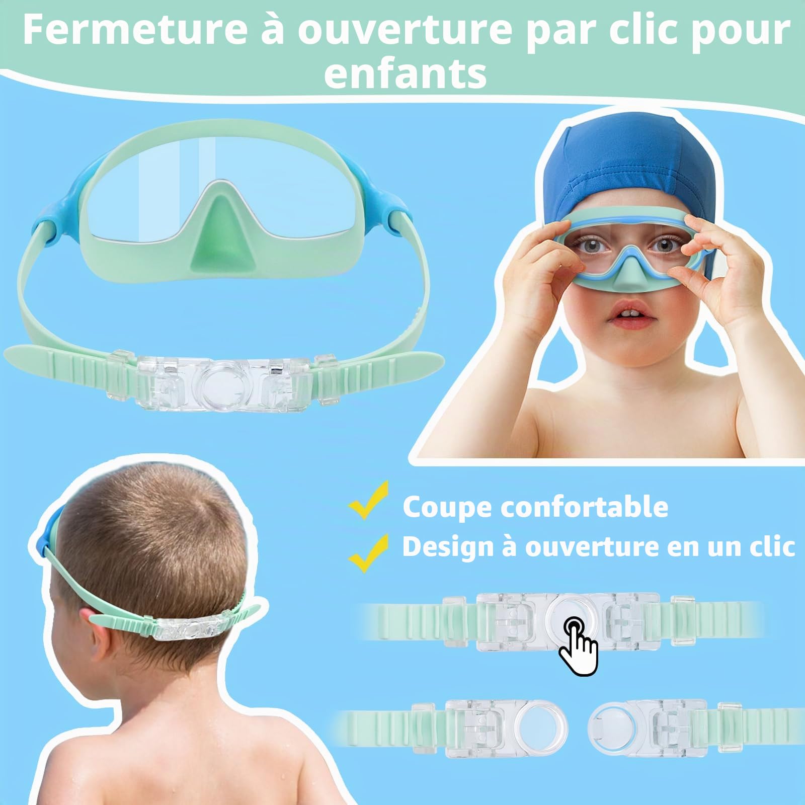 Vvinca Lunettes de natation pour enfants avec protection du nez, masque de plongée, vision large, anti-buée, UV, verres anti-éblouissement, pour enfants de 3 à 8 ans