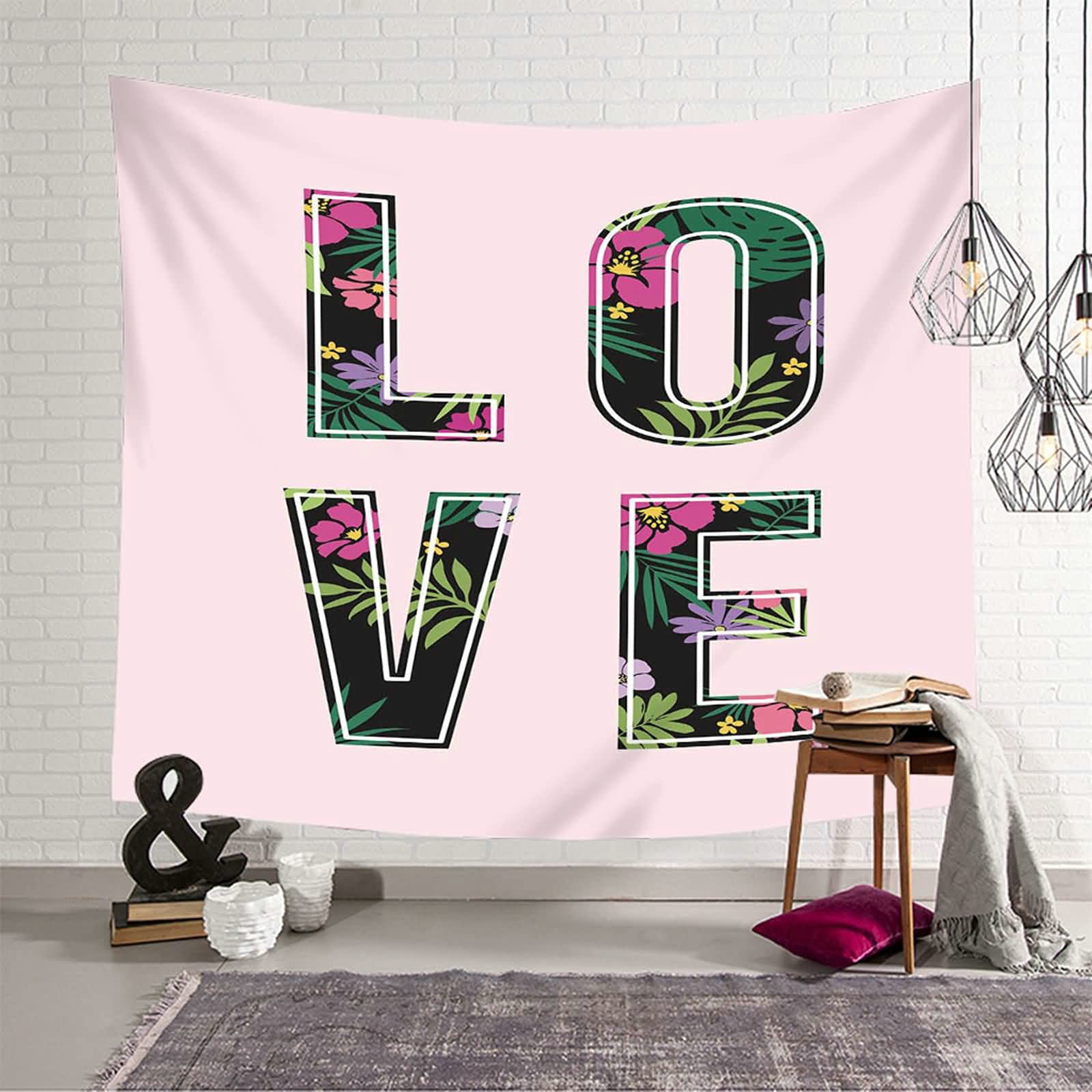 KnSam Tapestry, Wall Hanging Floral Pattern Letter Love Wall Decoration Made of Polyester Tapestry Black Green Pink 200 x 200 cm