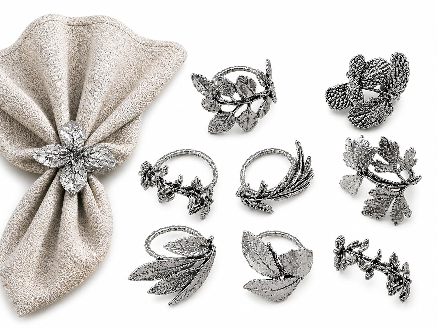 Kräuter-Serviettenringe – Vintage-Blatt-Serviettenring Set von 8 Stück für jeden Anlass – ideal für Thanksgiving, Weihnachten, Hochzeit, Herbst, Party, Feiern