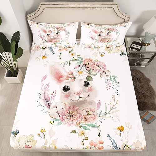 Erosebridal Juego de sábanas bajeras de conejo para niños, tamaño individual, sábanas florales rosas para niñas y mujeres, bonito juego de ropa de