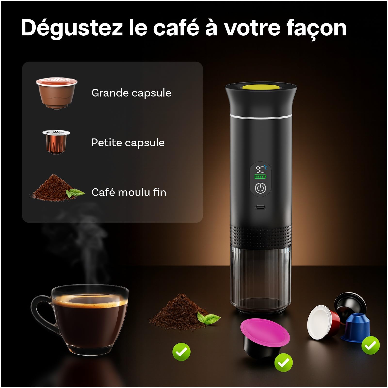 MMOBIEL Cafetière Portable Machine à Café Expresso Électrique avec Base Anti-Dérapante, Auto-Chauffante & USB-C – Compatible Capsules & Café Moulu pour Voyage, Camping, Maison, Voiture, Bureau