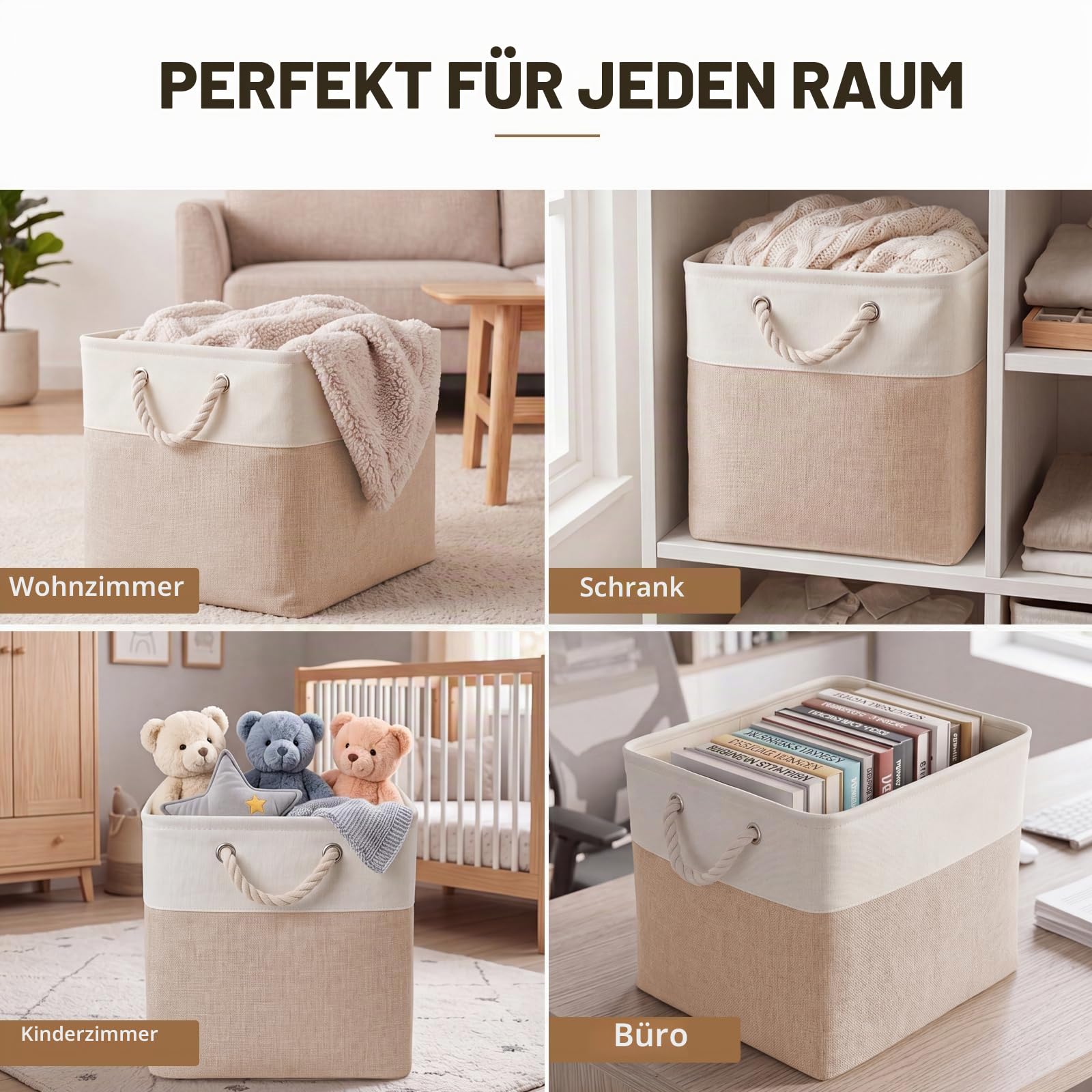 33×38cm Aufbewahrungsbox,Aufbewahrungskorb aus Stoff mit Tragegriffen,6 Stück faltbare Aufbewahrungskörbe,Geeignet für Bad,Schlafzimmer,Büro,Arbeitszimmer und Kinderzimmer(Weiß & Beige)