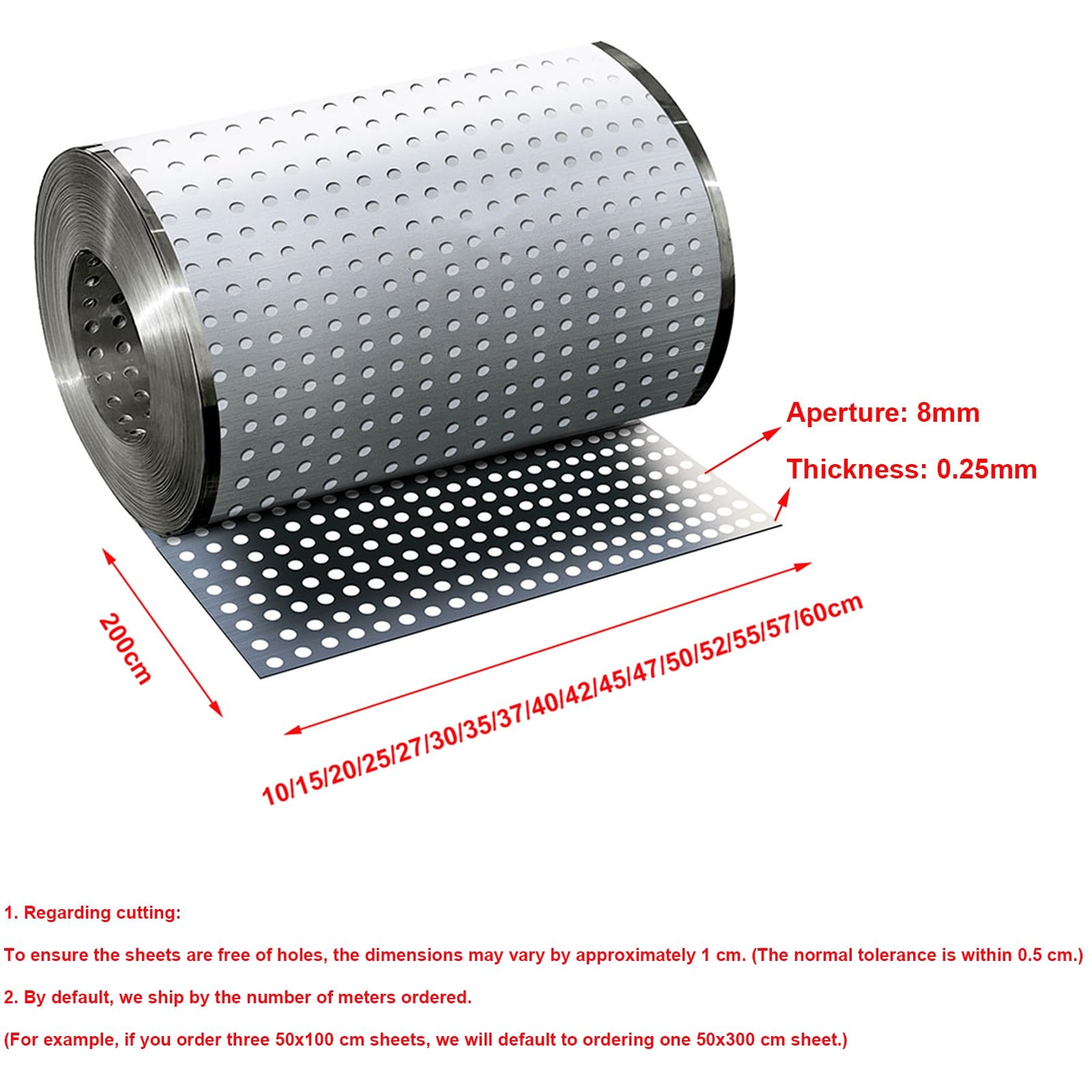 Chapa Perforada, Chapa de Acero Inoxidable Perforada 304, Láminas de Metal Perforadas con Abertura 8mm Evita Resbalones para Barandillas Jardineras(60 x 200 cm)
