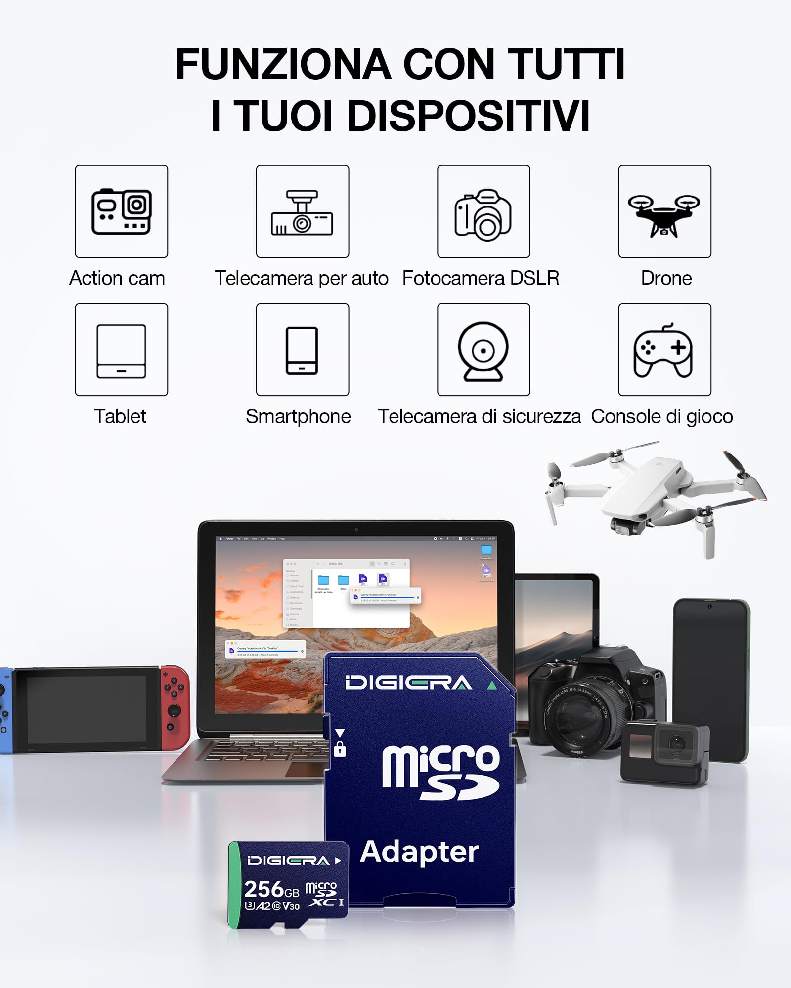 256 GB Scheda di Memoria microSDXC UHS-I CT100 con Adattatore - Fino a 100 MB/s, C10, U3, V30, Full HD, A2, per Smartphone, Tablet, Fotocamere, Console di Gioco e Droni (Confezione da 1)