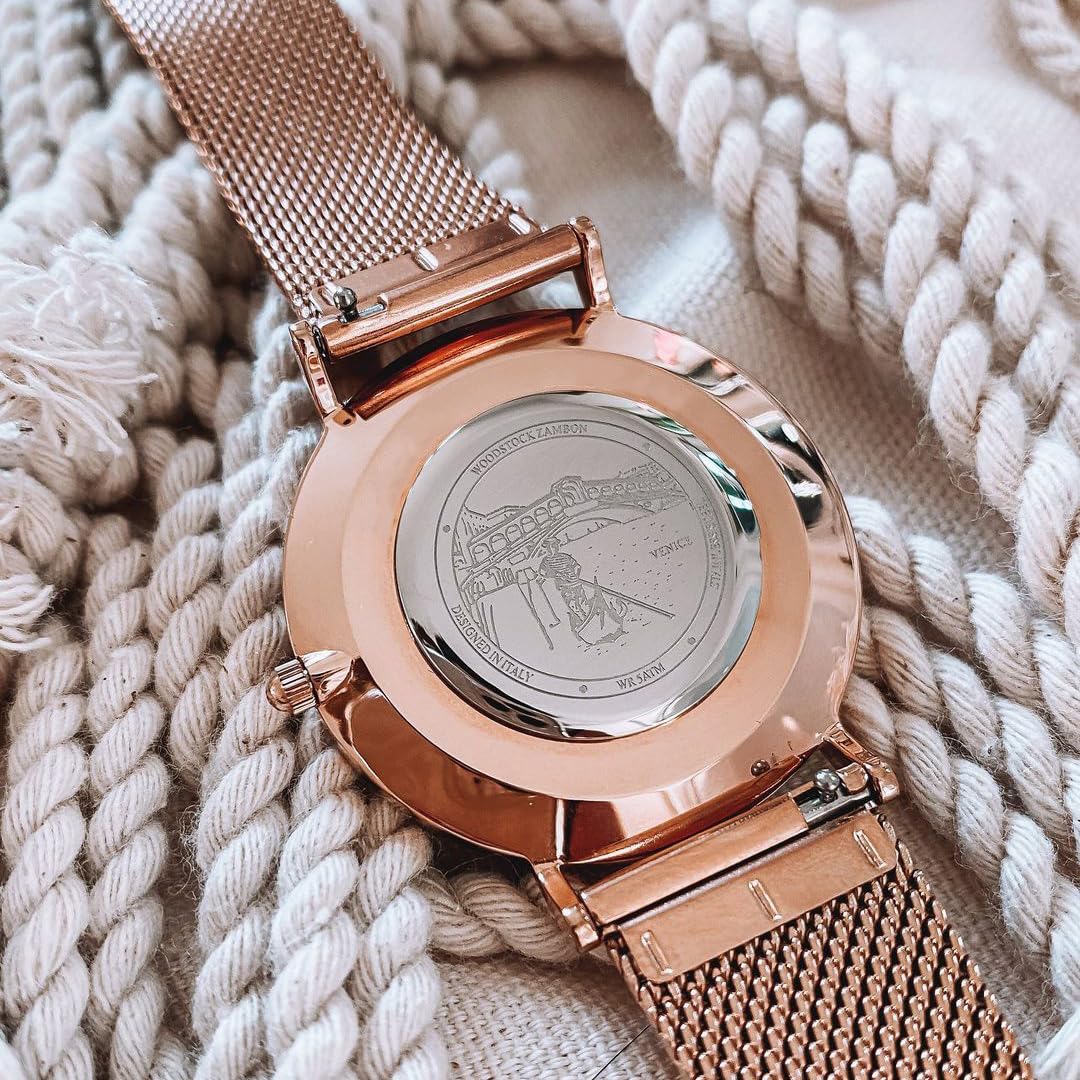 Woodstock Zambon Orologio Donna Elegante – Quadrante in Vera Madreperla – Acciaio 316L Oro Rosa – 5ATM Impermeabile – Design Raffinato e Regolabile – Regalo di Lusso