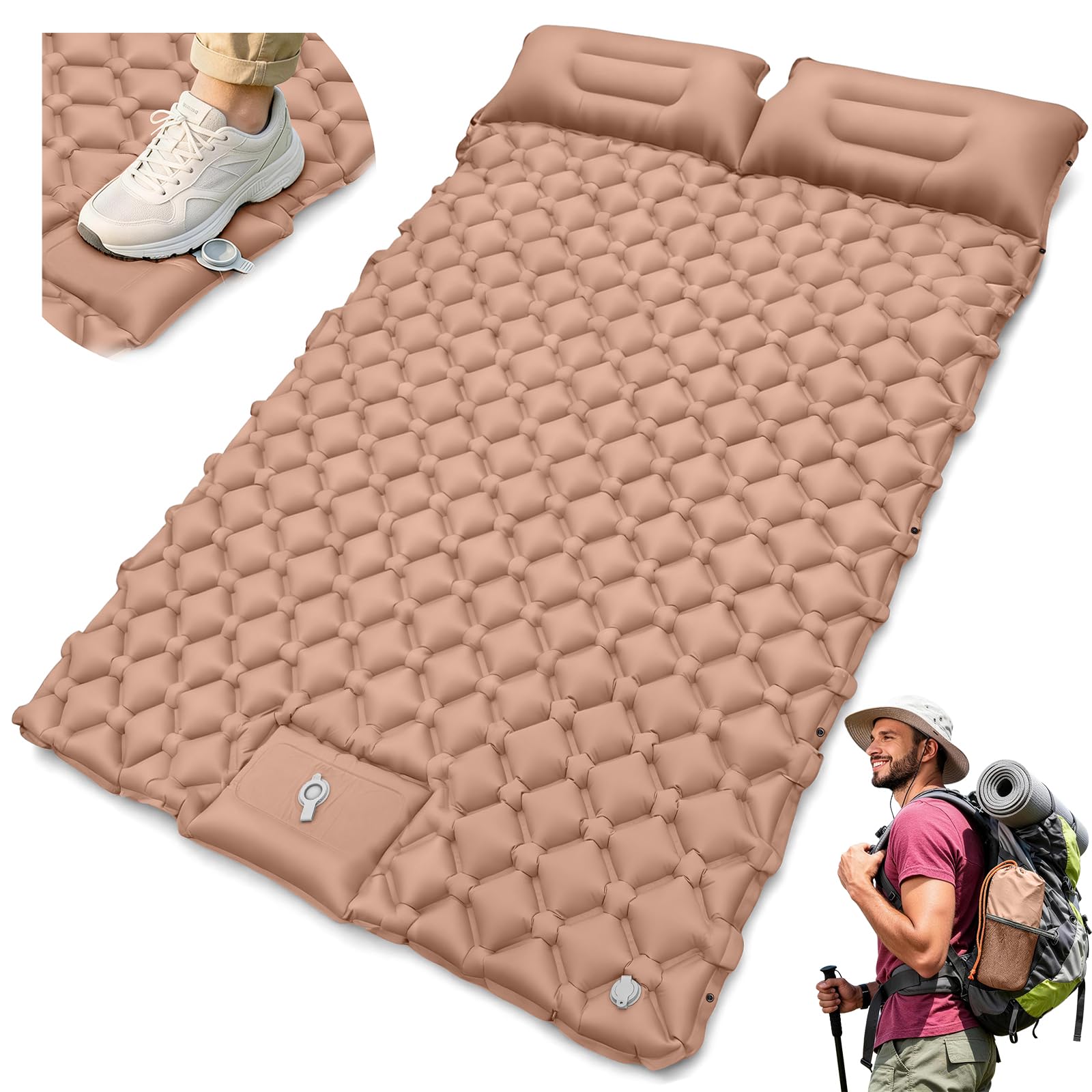 Camping Sleeping Pad with Built-in Foot Pump, Extra Thick Inflatable Camping Mattress for 2 or Couples, Ultralight Sleeping Mat with Pillows, Compact Air Bed for Camping&Tent (Tangerine pink, Double) โ image 1