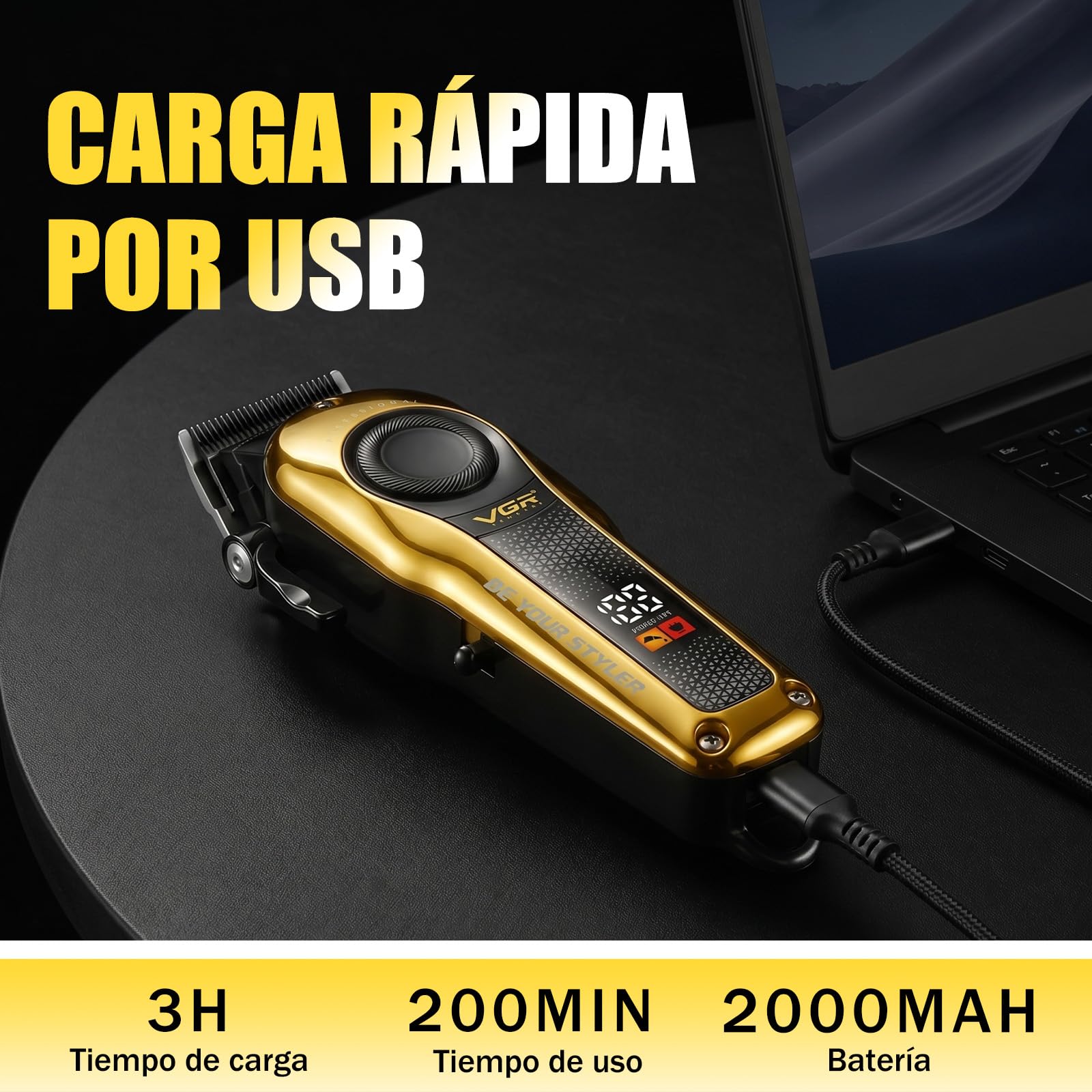 VGR 170 Maquina Cortar pelo Profesional, Palanca de Ajustable, Titanio | Recortadora Inalámbrica Para Hombre Con 2 Cubiertas Modulares, Cuchilla Con Recubrimiento De Titanio, Carga USB, Pantalla LED