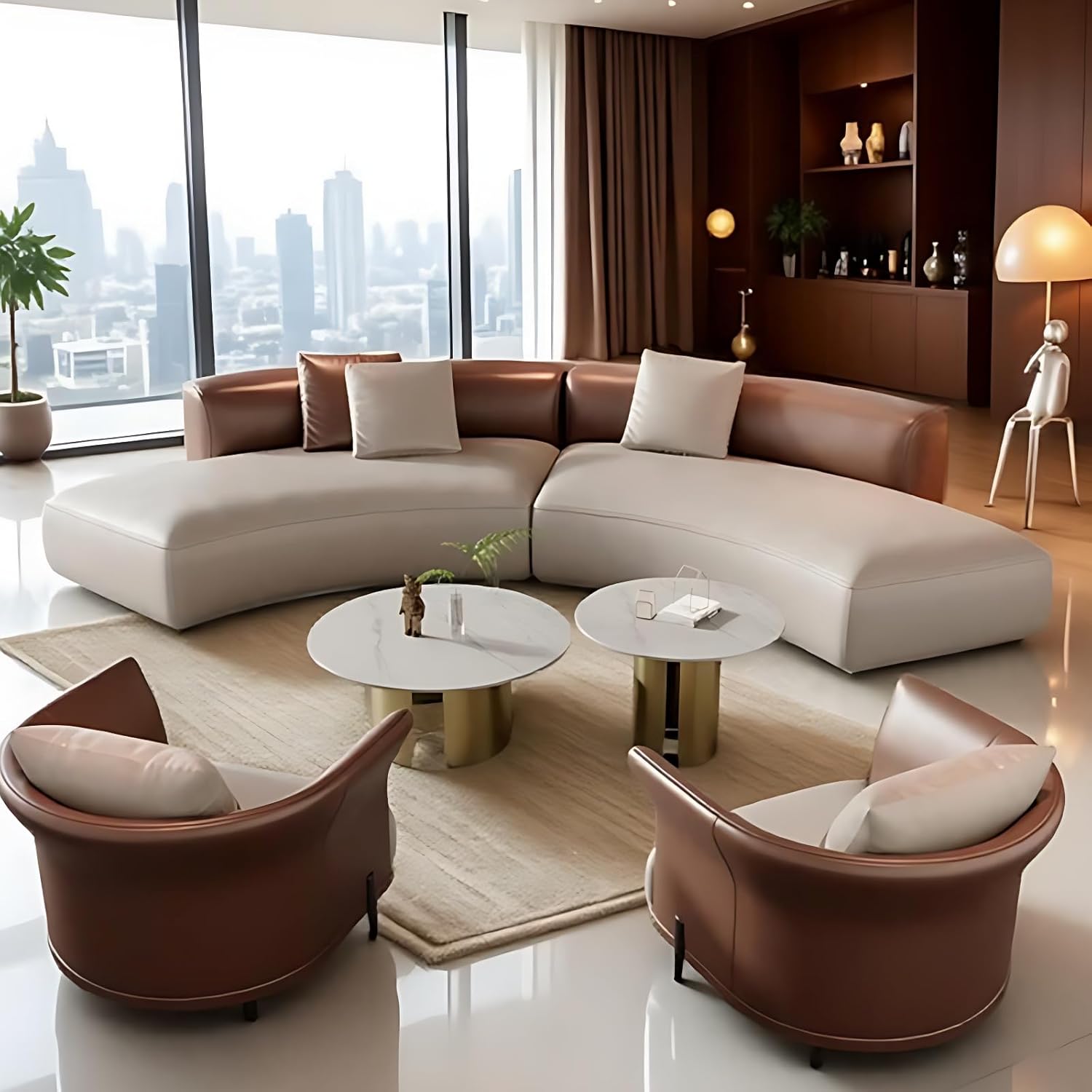 Curved Couch Sets - Luxurious Sectional Couches with Chair, Premium Leather, Solid Wood Frame Sectional Sofa Set with Coffee Table for Multiple Scenes (Off-White-Chair*2,102.4IN)