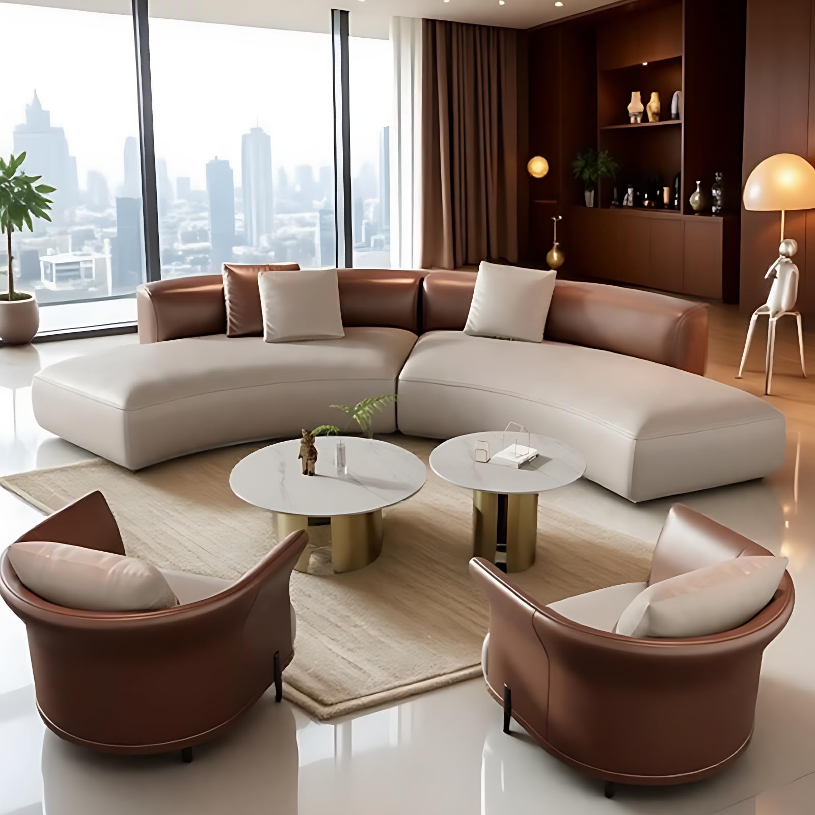 Curved Couch Sets - Luxurious Sectional Couches with Chair, Premium Leather, Solid Wood Frame Sectional Sofa Set with Coffee Table for Multiple Scenes (Off-White-Chair*2,142IN)