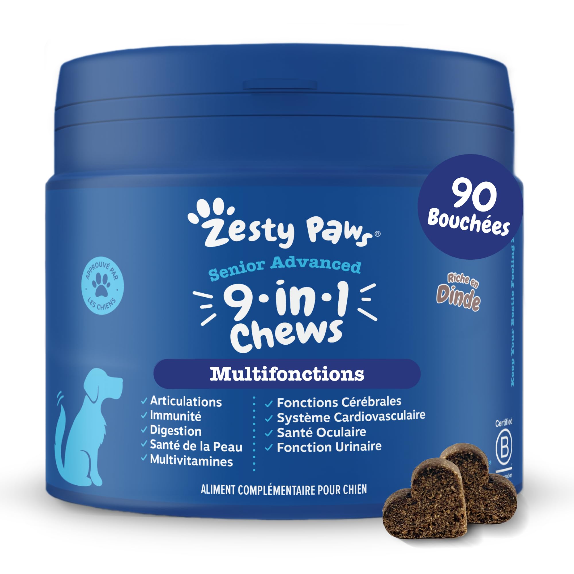 Zesty Paws Bouchées Multifonctions 9-en-1 Chien Senior | Articulations, Yeux, Cerveau, Cœur et Immunité | Vitamines A, B3, B5, C, Acide Folique, Biotine | Usage Quotidien | 90 Bouchées