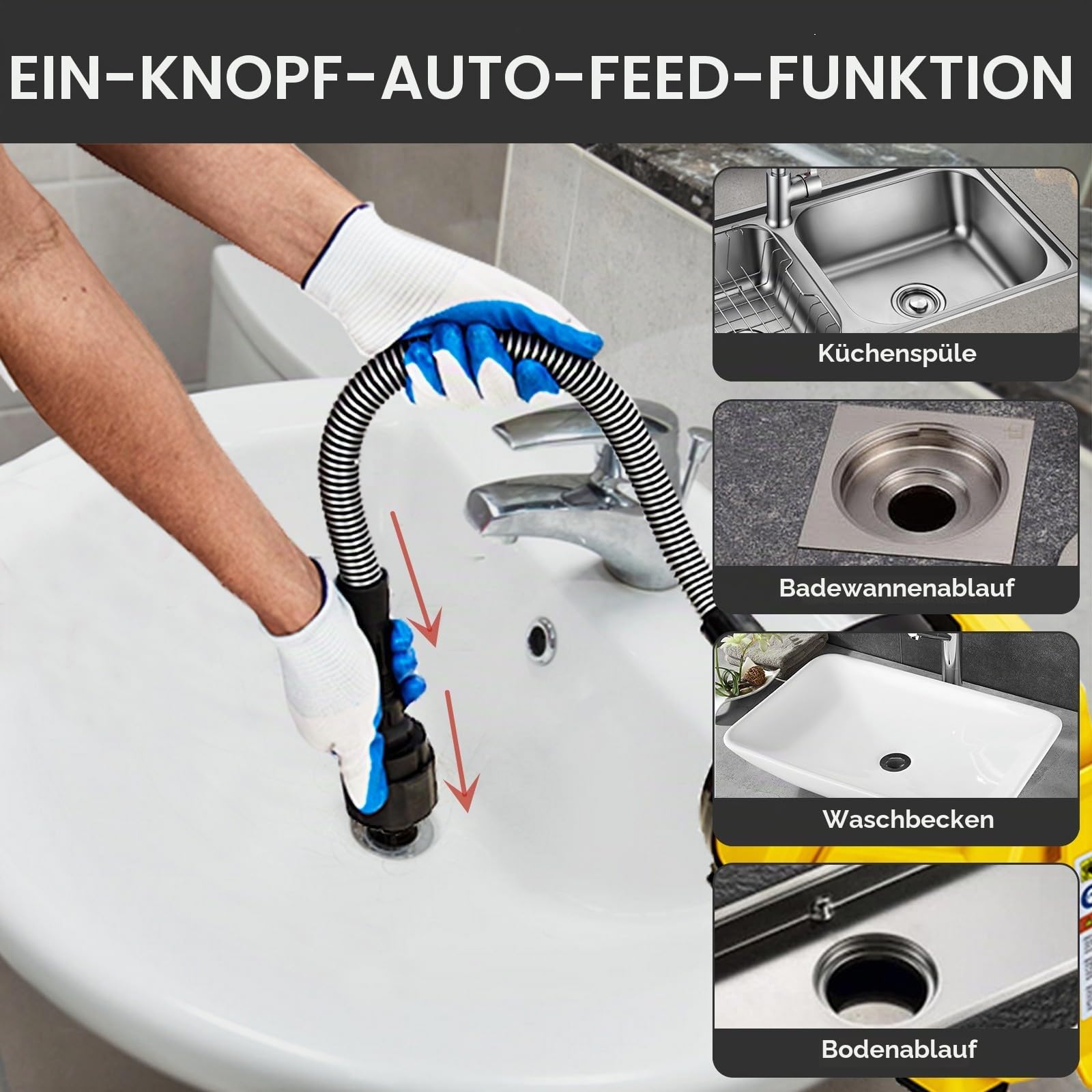 Reinigungsspirale Akku-Rohrreiniger 9m, Automatische Elektrischer Abflussreiniger für 20-60mm Rohrverstopfungen Verwende, Kabel in Klavierdraht, mit Fußschalter, für Waschbecken/Toiletten/Bodenabläufe