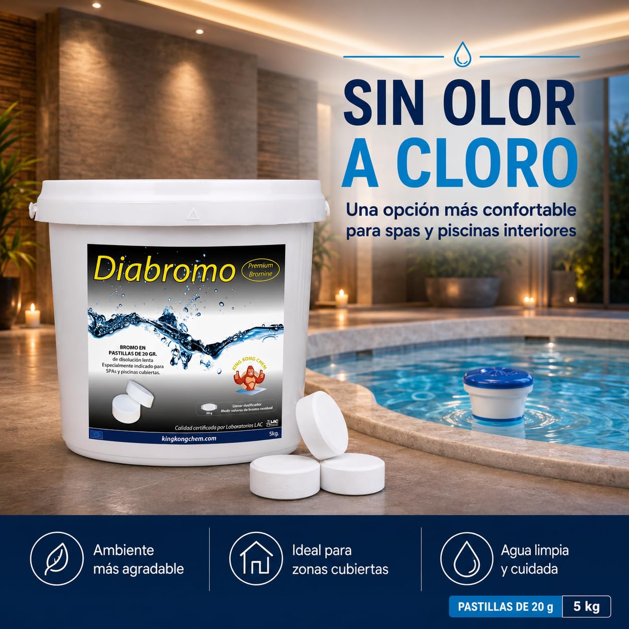 Diabromo 5 kg - Bromo Desinfectante para SPA y Piscinas Cubiertas - Pastillas de 20 Gramos